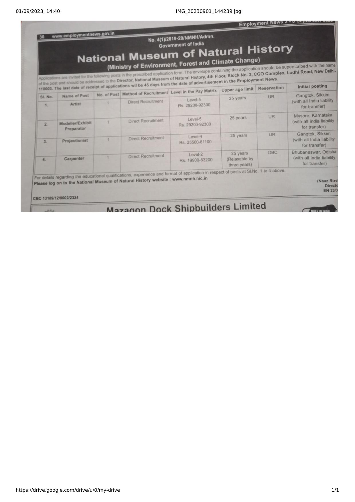 National Museum of Natural History (NMNH) Carpenter, Artist and Various Posts Recruitment 2023 - Page 1