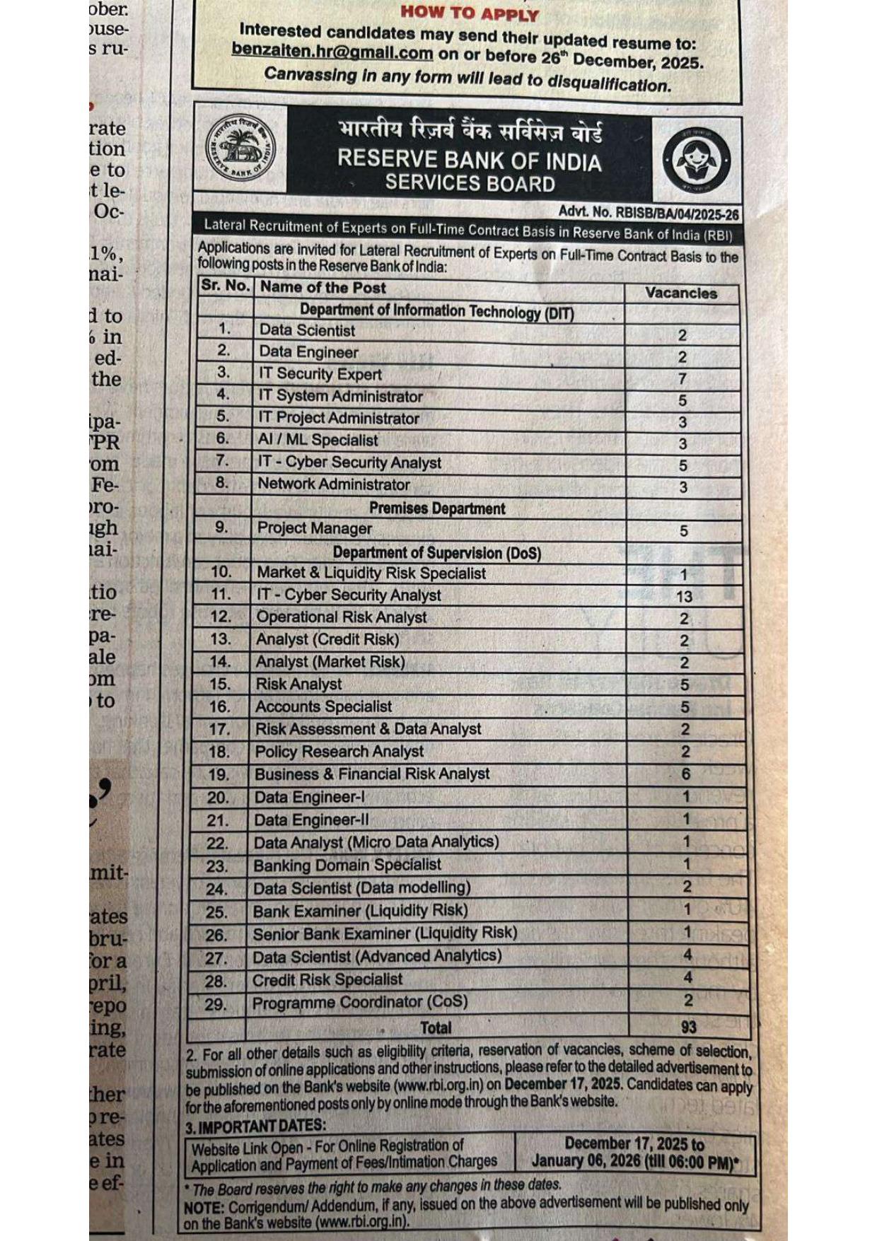 Reserve Bank of India (RBI) 93 Expert Recruitment 2025 - Page 1
