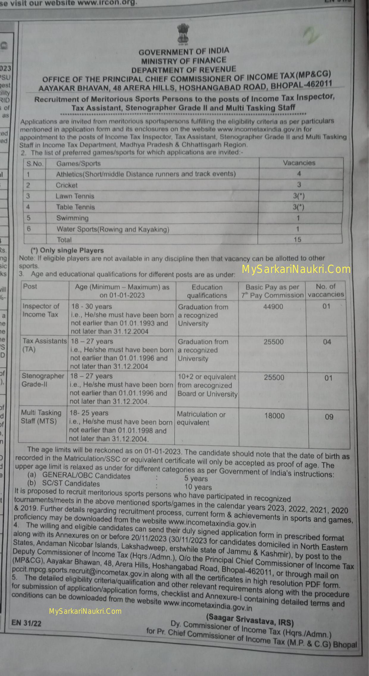 Income Tax Department Bhopal Tax Assistant and Various Posts Recruitment 2023 - Page 1