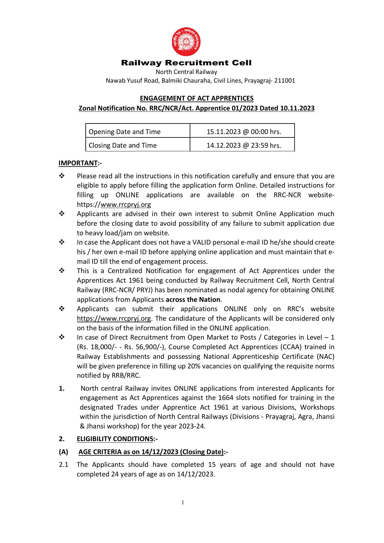 North Central Railway (NCR) Apprentice Recruitment 2023 - Page 2