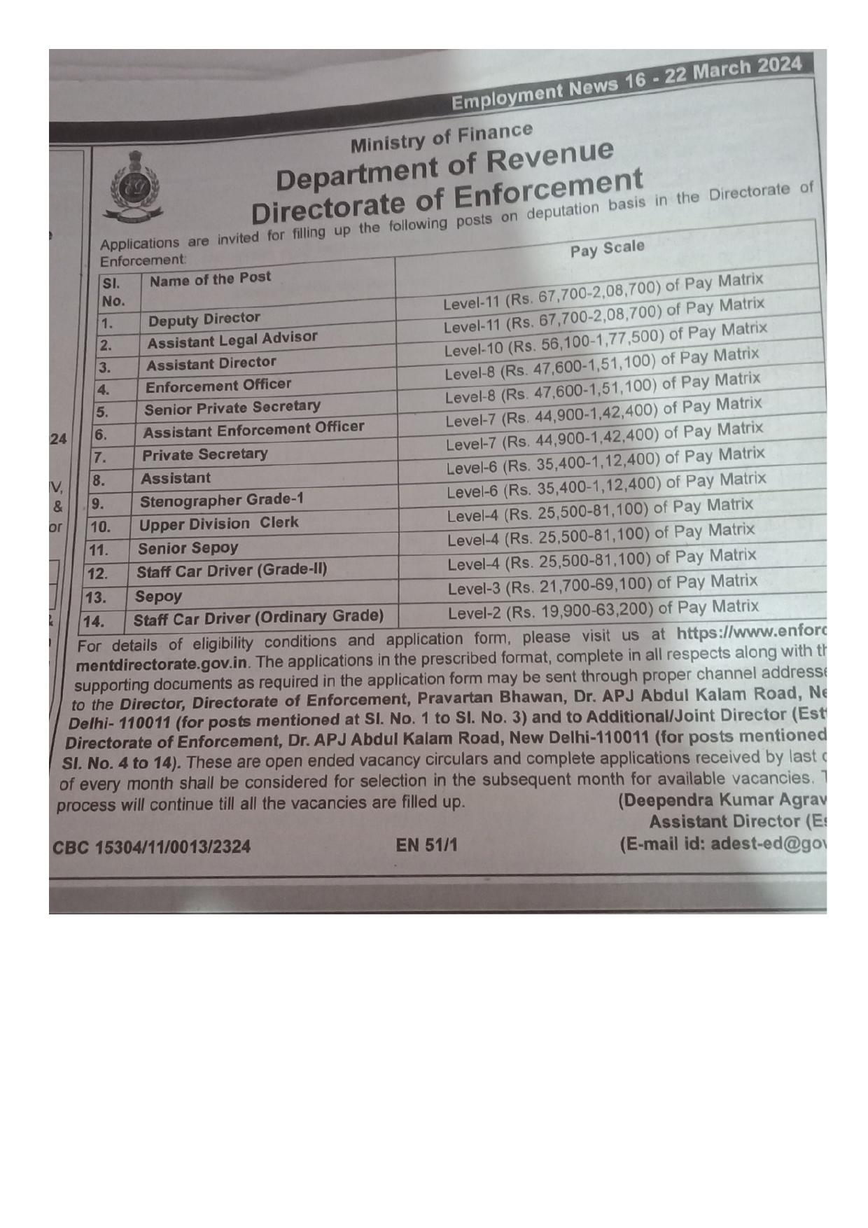 Enforcement Directorate (ED) Assistant and Various Posts Recruitment 2024 - Page 1