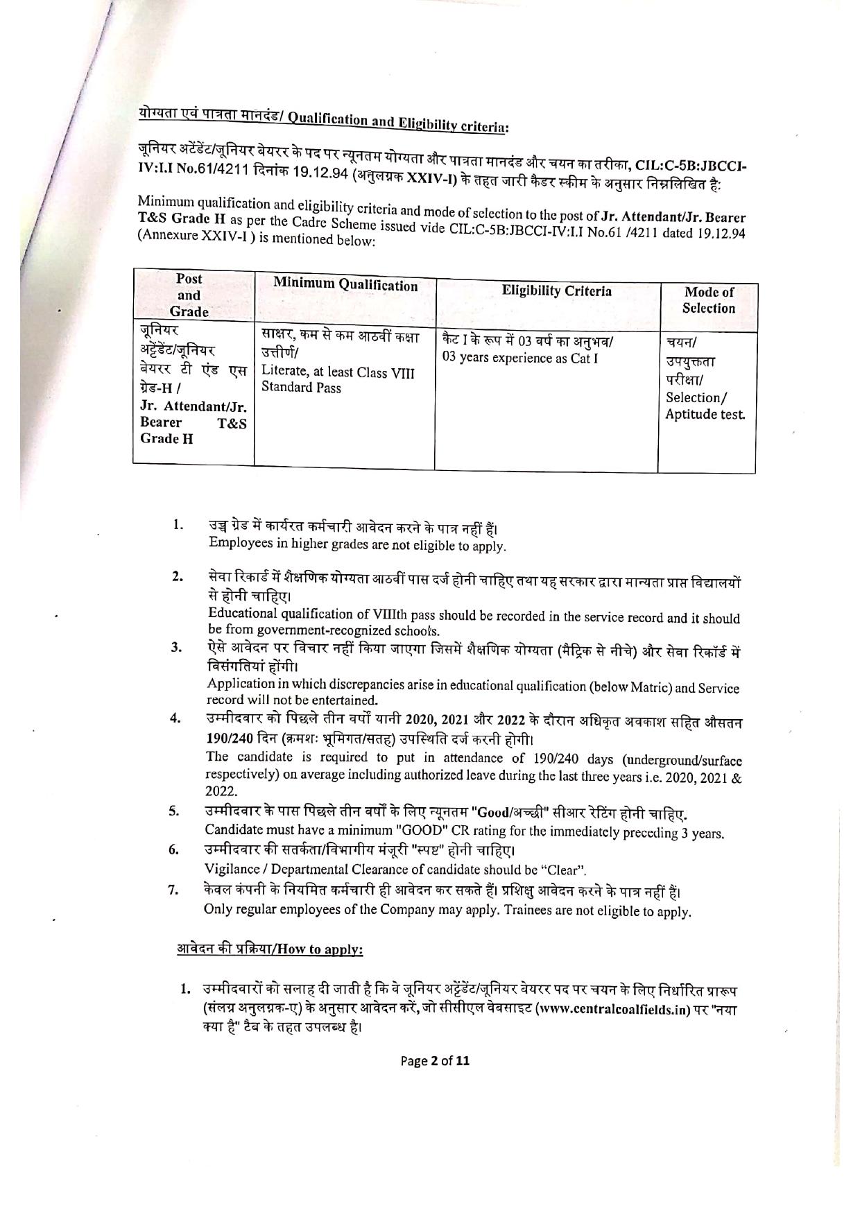 Central Coalfields Limited (CCL) Junior Attendant / Junior Bearer Recruitment 2023 - Page 2
