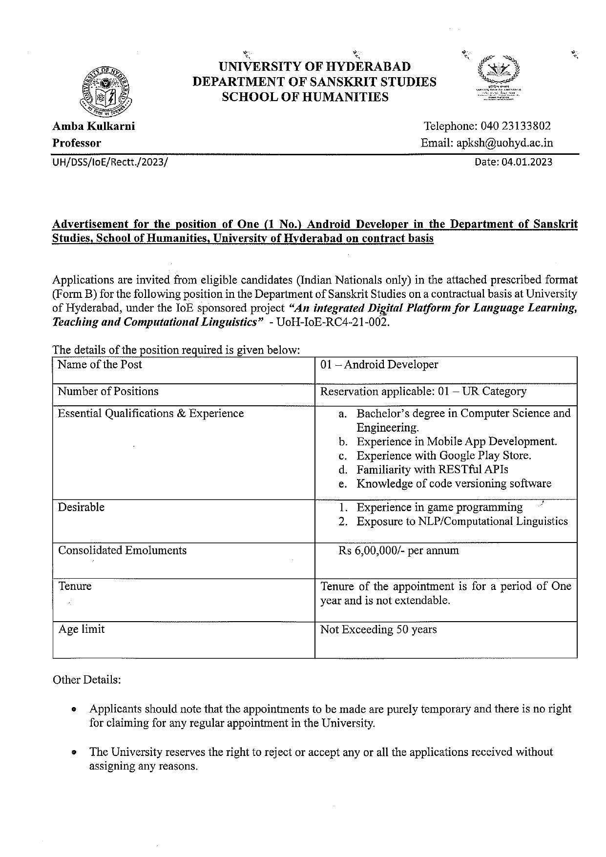 University of Hyderabad (UoH) Invites Application for Android Developer Recruitment 2023 - Page 3
