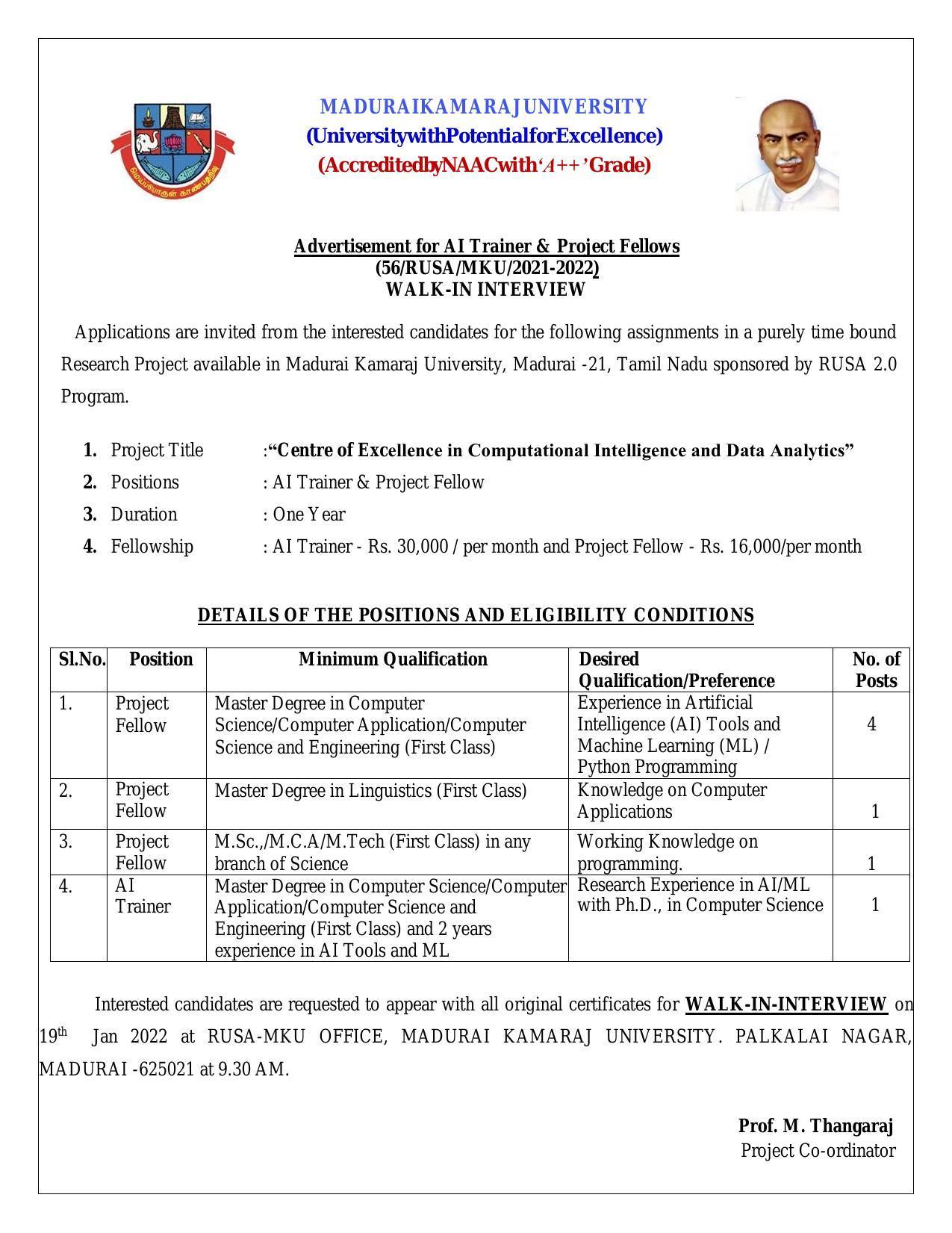 Madurai Kamaraj University (MKU) Invites Application for 7 Project Fellow, AI Trainer Recruitment 2023 - Page 1