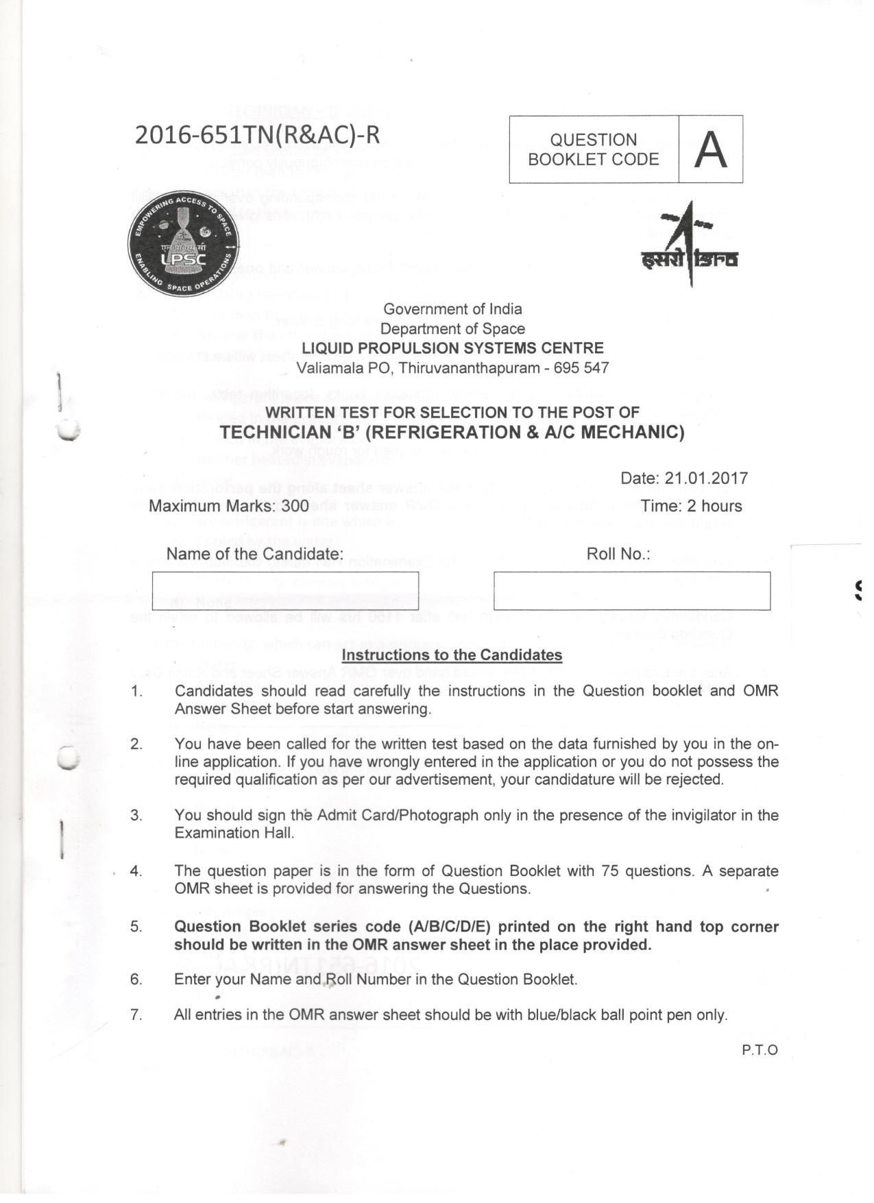 LPSC Technician B (Refrigeration & A/C Mechanic) 2017 Question Paper - Page 1