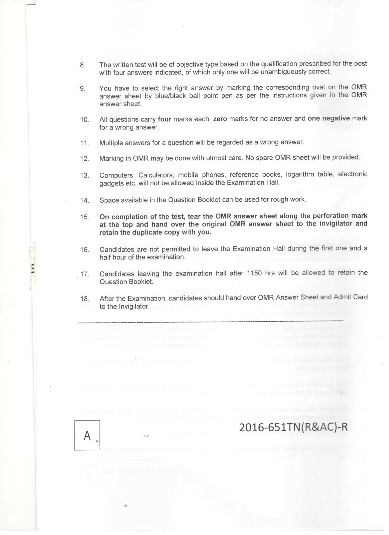 LPSC Technician B (Refrigeration & A/C Mechanic) 2017 Question Paper - Page 2