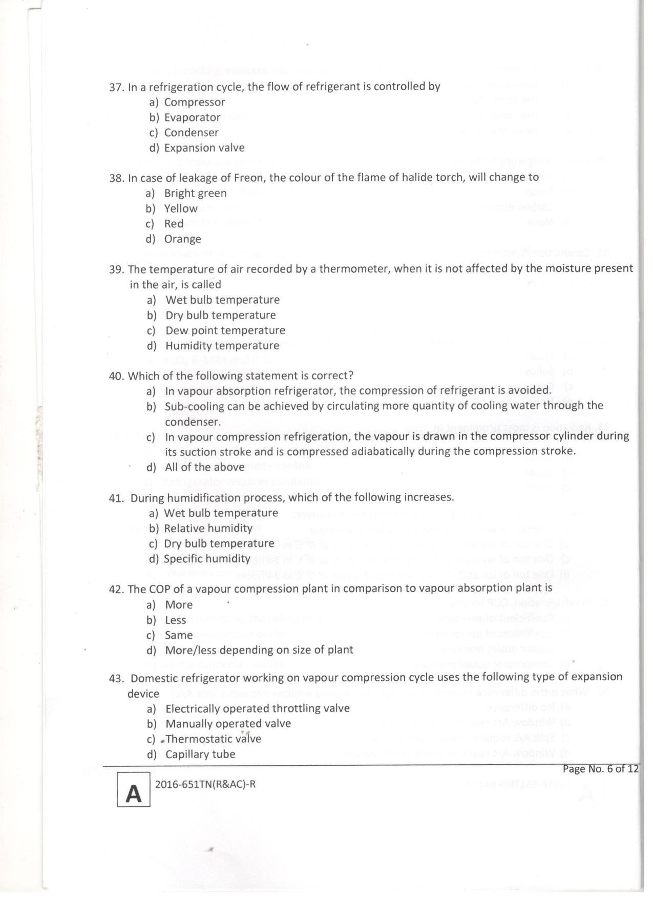 LPSC Technician B (Refrigeration & A/C Mechanic) 2017 Question Paper - Page 8