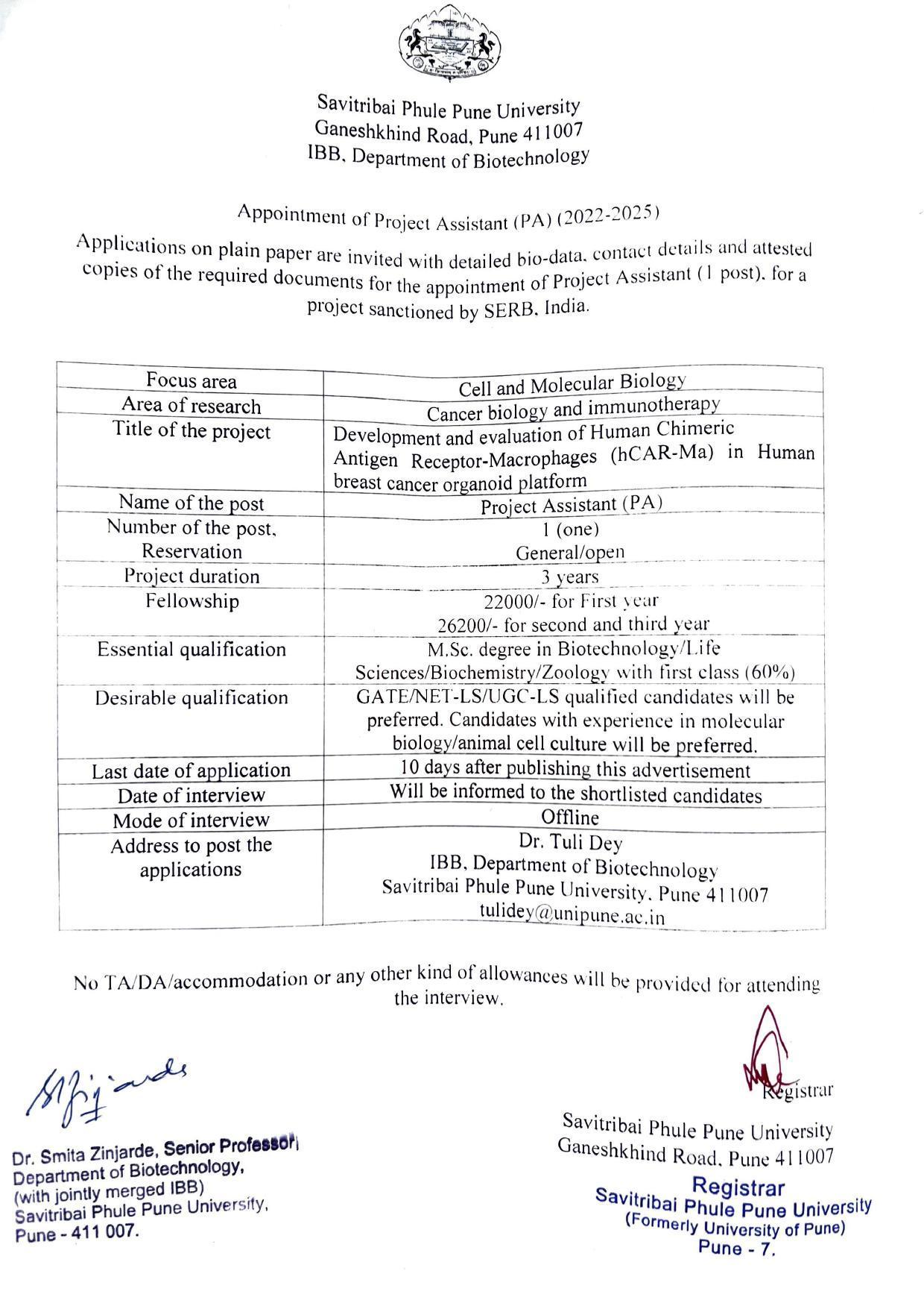 Savitribai Phule Pune University (SPPU) Invites Application for Project Assistant Recruitment 2022 - Page 1