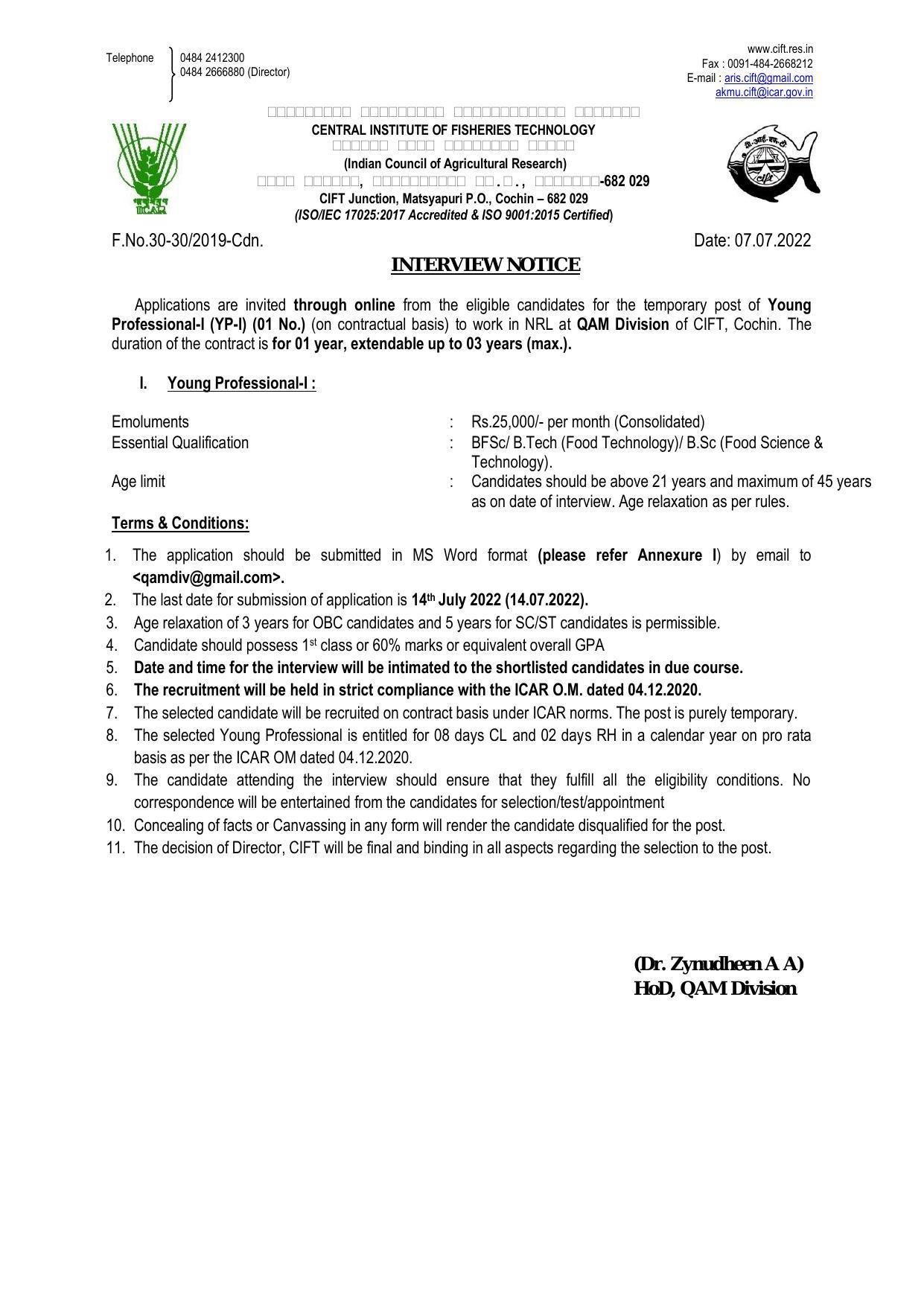 Central Institute of Fisheries Technology Invites Application for Young Professional-I Recruitment 2022 - Page 1