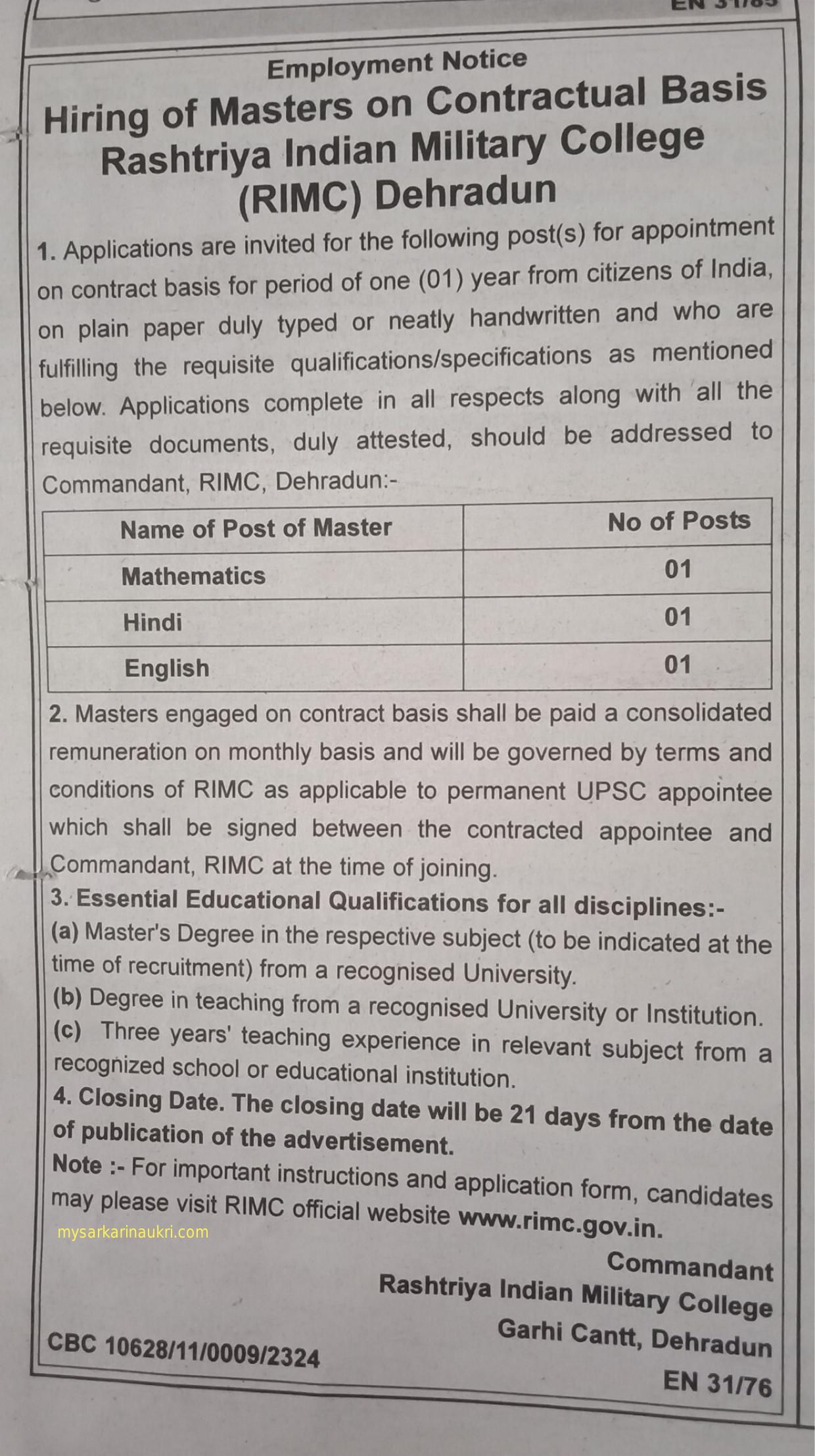 Rashtriya Indian Military College (RIMC) Master Recruitment 2023 - Page 1