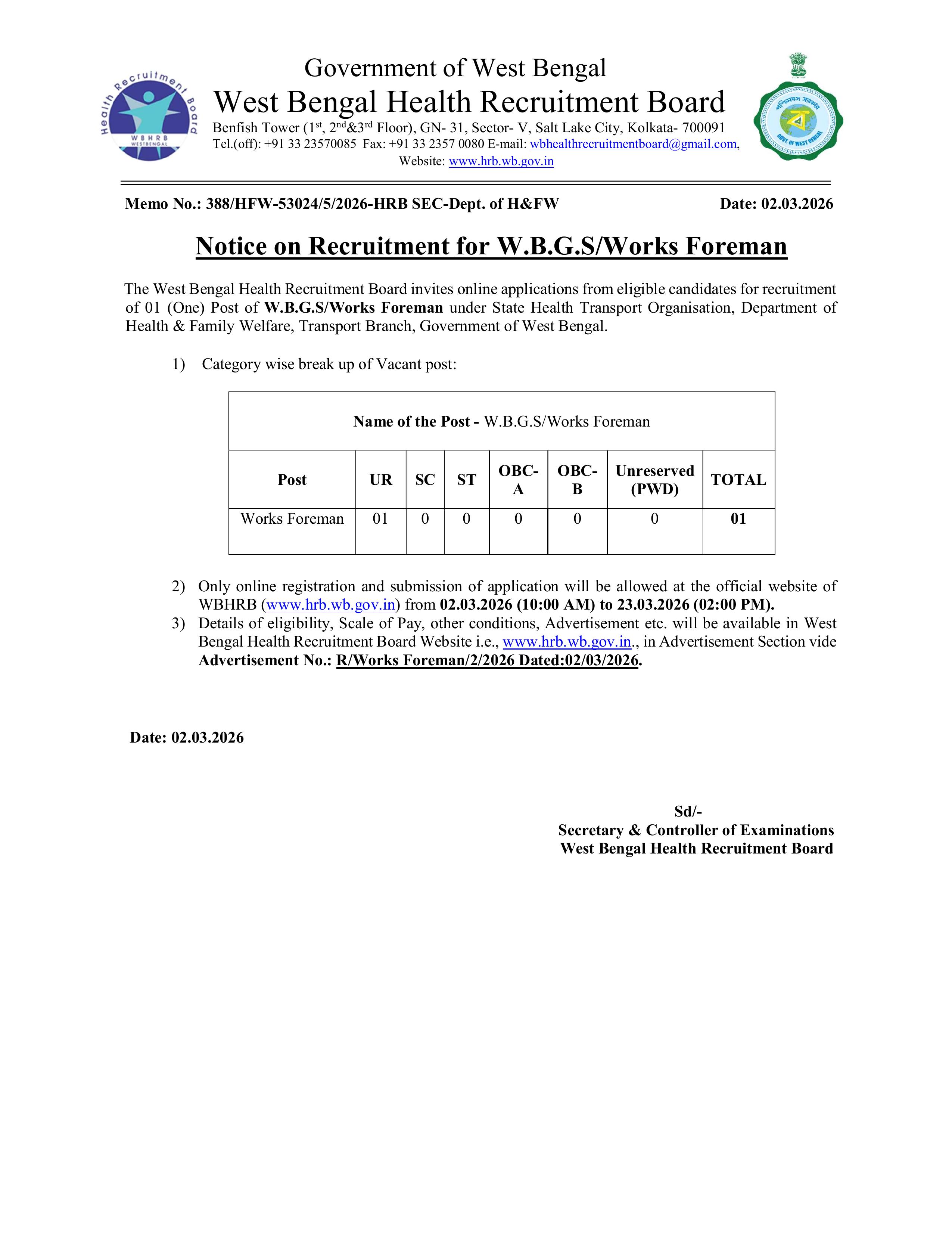WBHRB W.B.G.S/Works Foreman Recruitment 2026 - Full Notification, Eligibility, Salary - Page 1