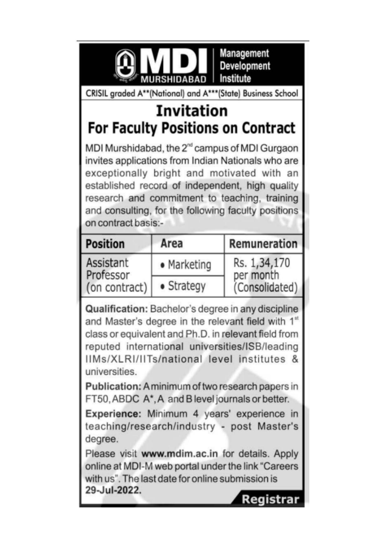 MDI Murshidabad Invites Application for Assistant Professor Recruitment 2022 - Page 1