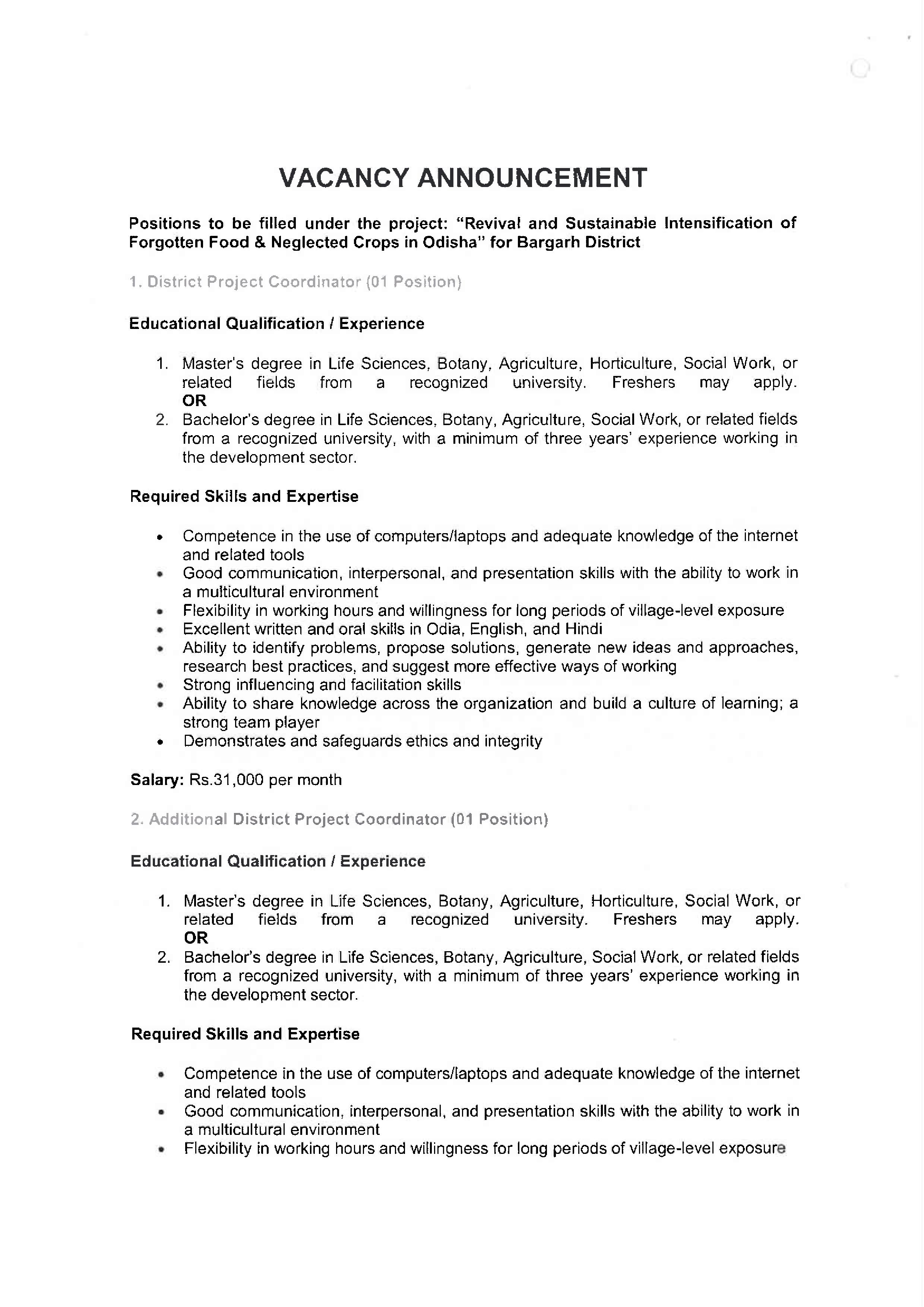 Bargarh District Recruitment 2026: Apply Offline for 3 District Project Coordinator Posts - Full Notification, Eligibility, Salary - Page 1