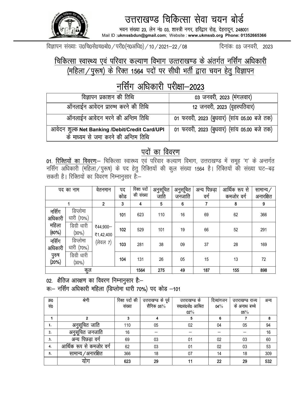 Uttrakhand Medical Service Selection Board (UKMSSB) Invites Application for 1564 Nursing Officer Recruitment 2023 - Page 1