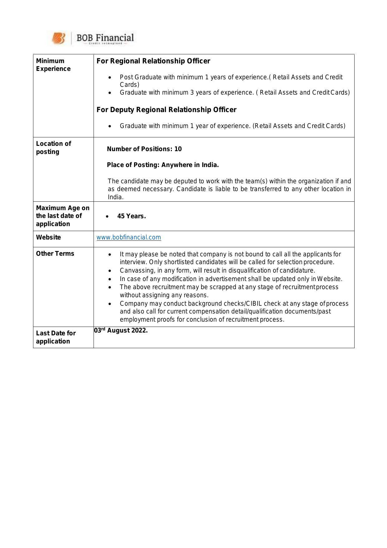 BOB Financial Invites Application for 10 Regional Relationship Officer or Deputy Regional Relationship Officer Recruitment 2022 - Page 1