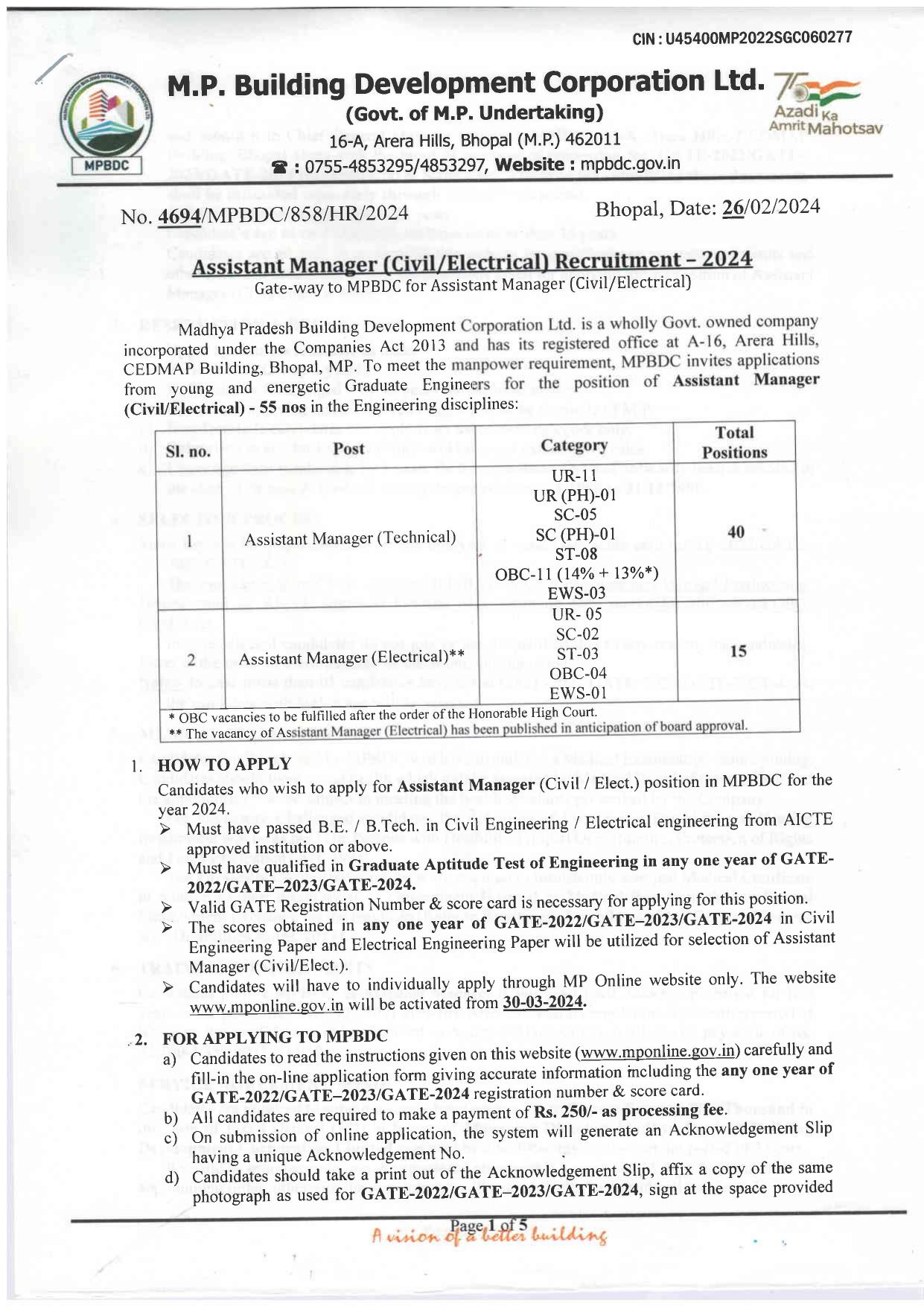 Madhya Pradesh Building Development Corporation (MPBDC) Assistant Manager Recruitment 2024 - Page 1