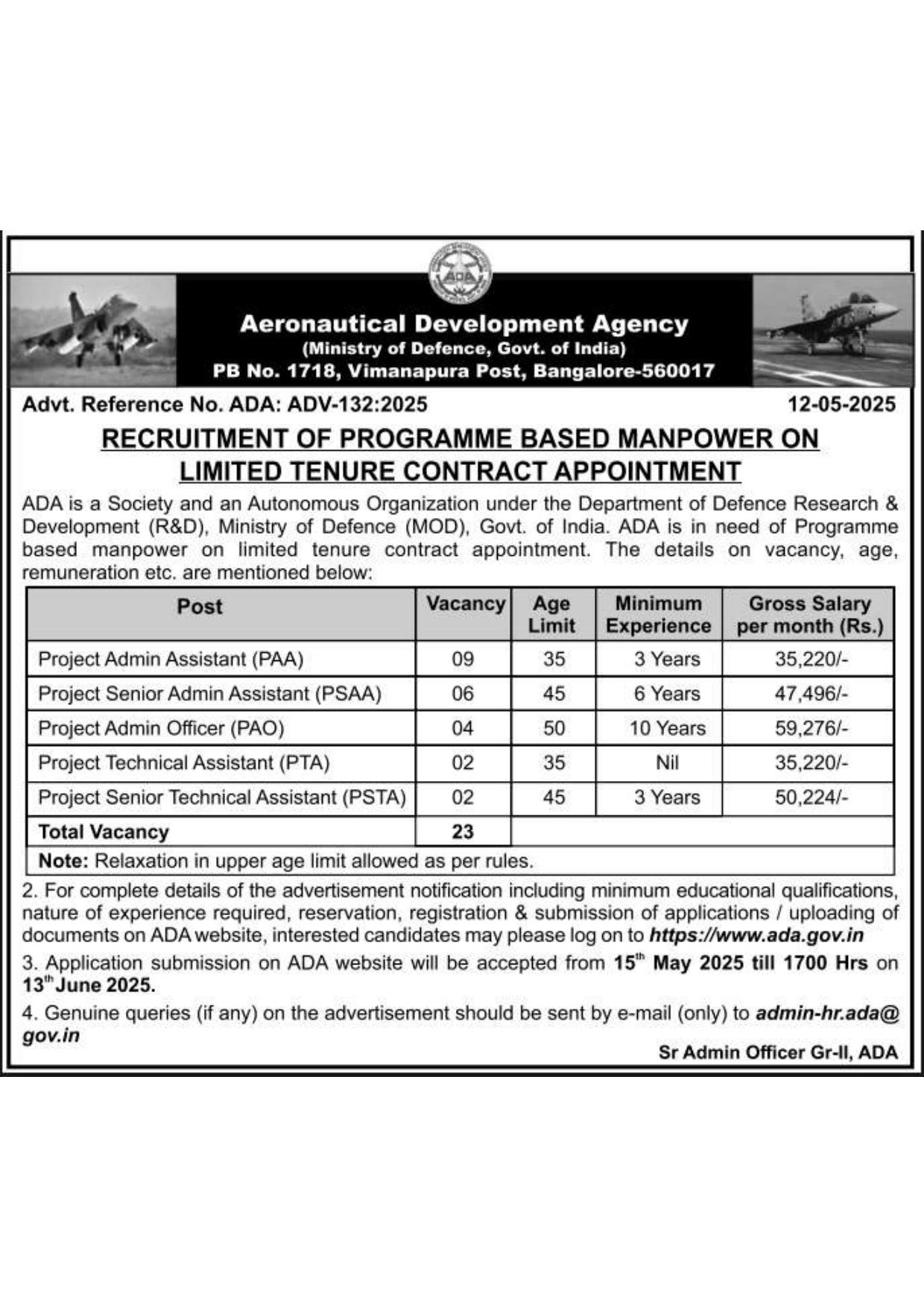 Aeronautical Development Agency (ADA) Admin Officer and Various Posts Recruitment 2025 - Page 1