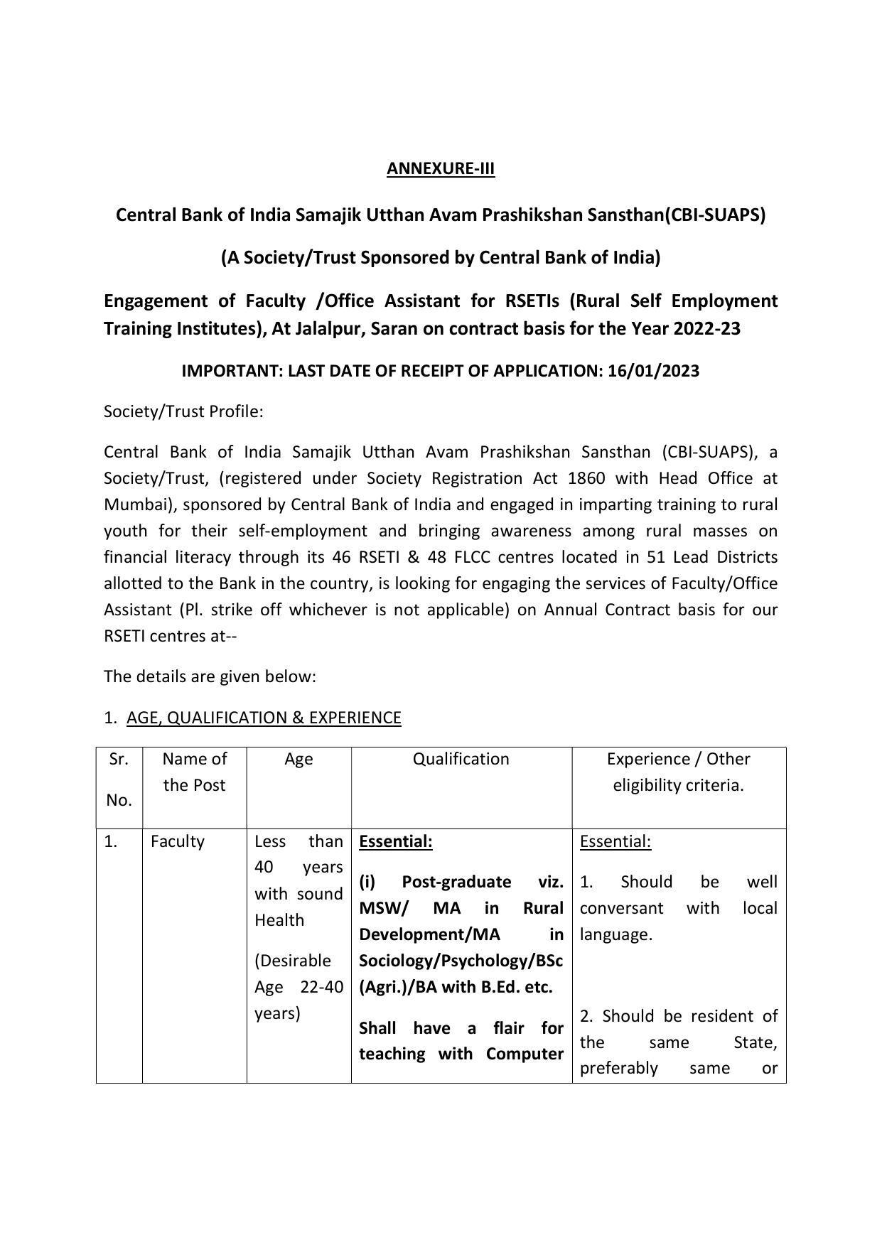 Central Bank of India Siwan Invites Application for Faculty, Office Assistant Recruitment 2023 - Page 1