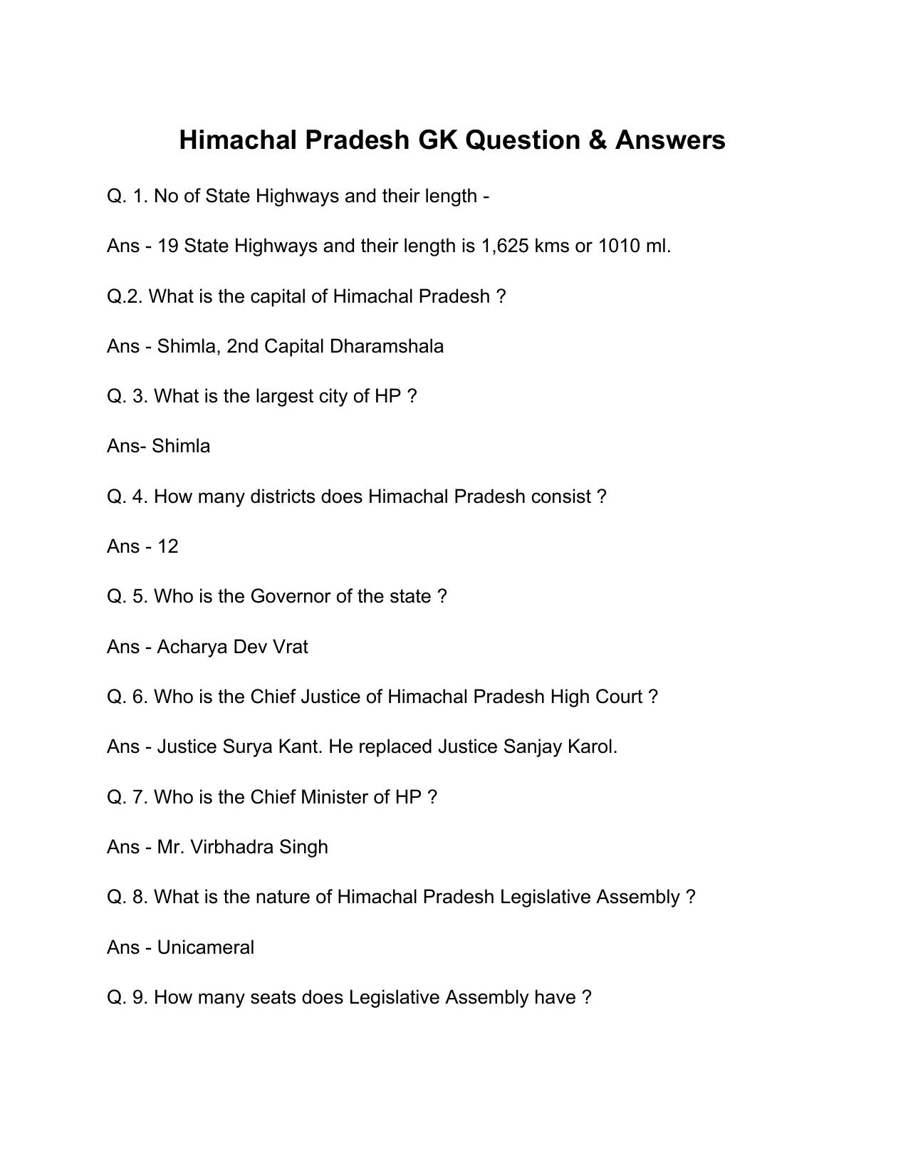 Himachal Pradesh General Knowledge Question Papers - Page 1