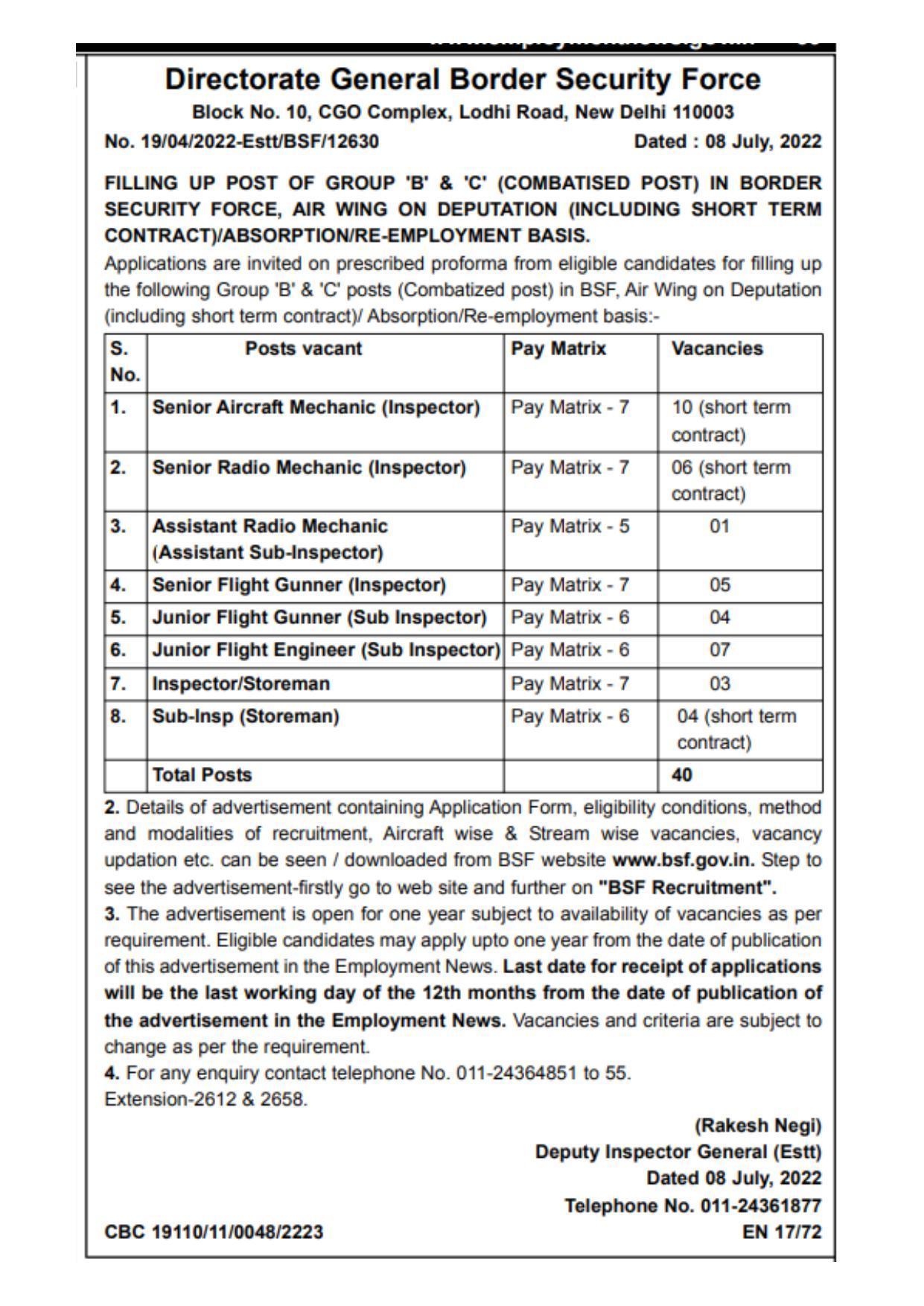 Border Security Force Invites Application for 40 Inspector, Junior Flight Engineer, More Vacancies Recruitment 2022 - Page 1