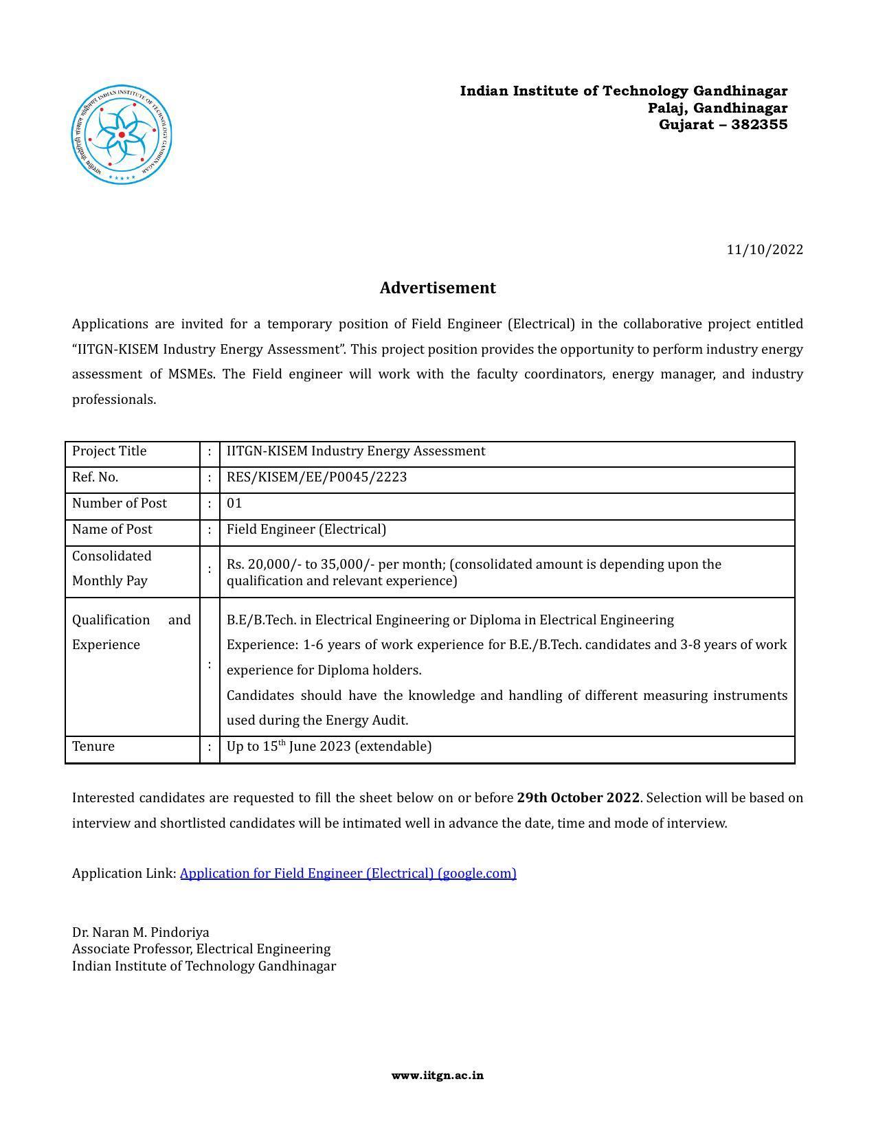 IIT Gandhinagar Invites Application for Field Engineer Recruitment 2022 - Page 1