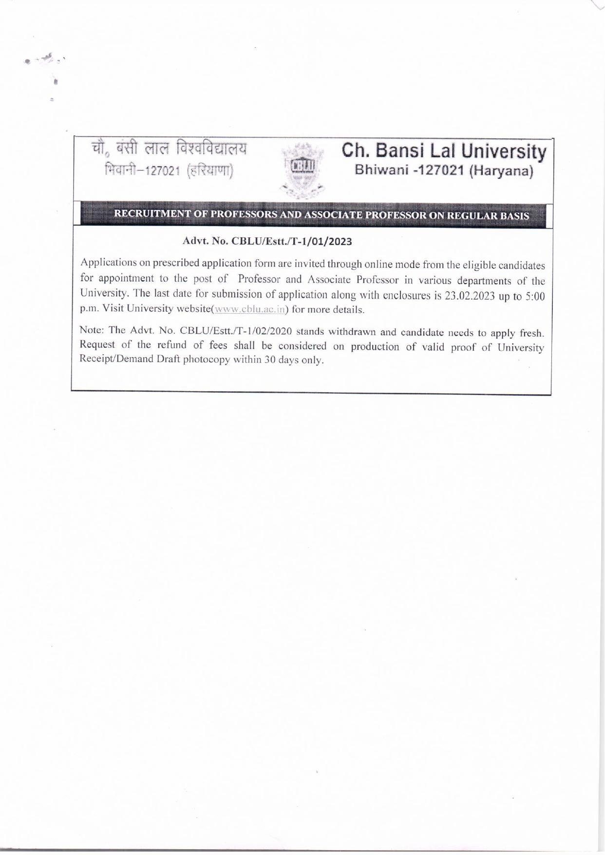 Chaudhary Bansi Lal University (CBLU) Invites Application for 36 Professor, Associate Professor Recruitment 2023 - Page 2