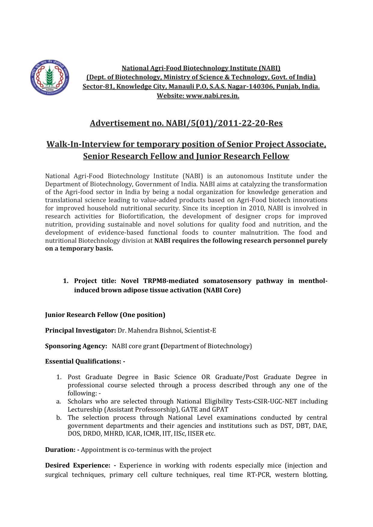 NABI Invites Application for Senior Project Associate, Senior Research Fellow, More Vacancies Recruitment 2022 - Page 3