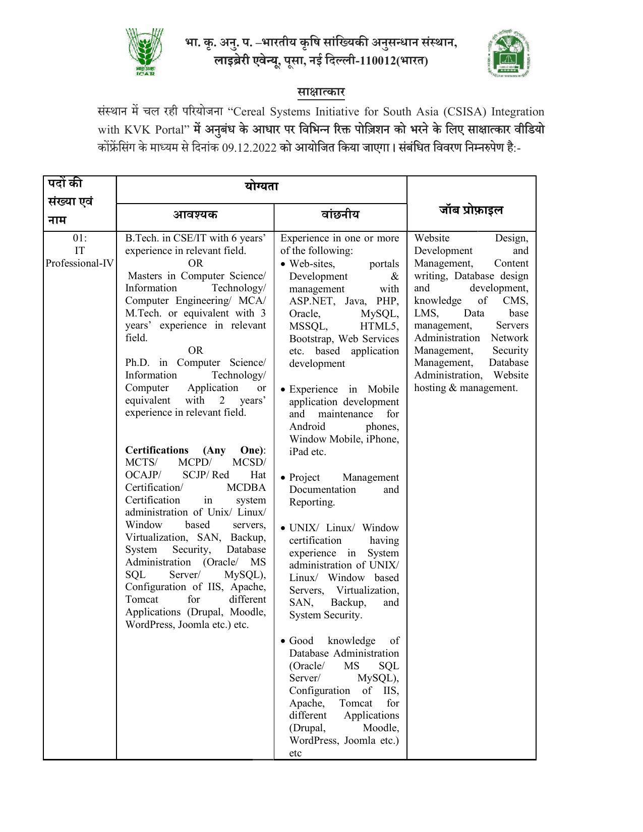 IASRI Invites Application for IT Professional-IV, Research Associate, More Vacancies Recruitment 2022 - Page 1