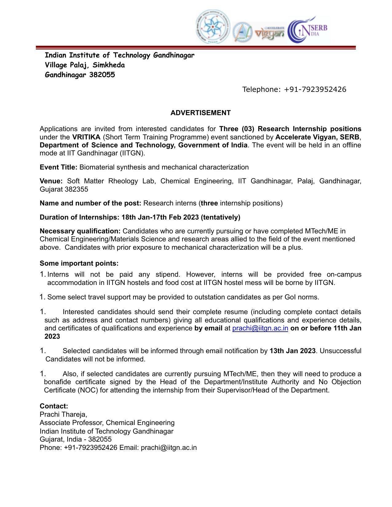 Indian Institute of Technology Gandhinagar Invites Application for Research Internship Recruitment 2023 - Page 1