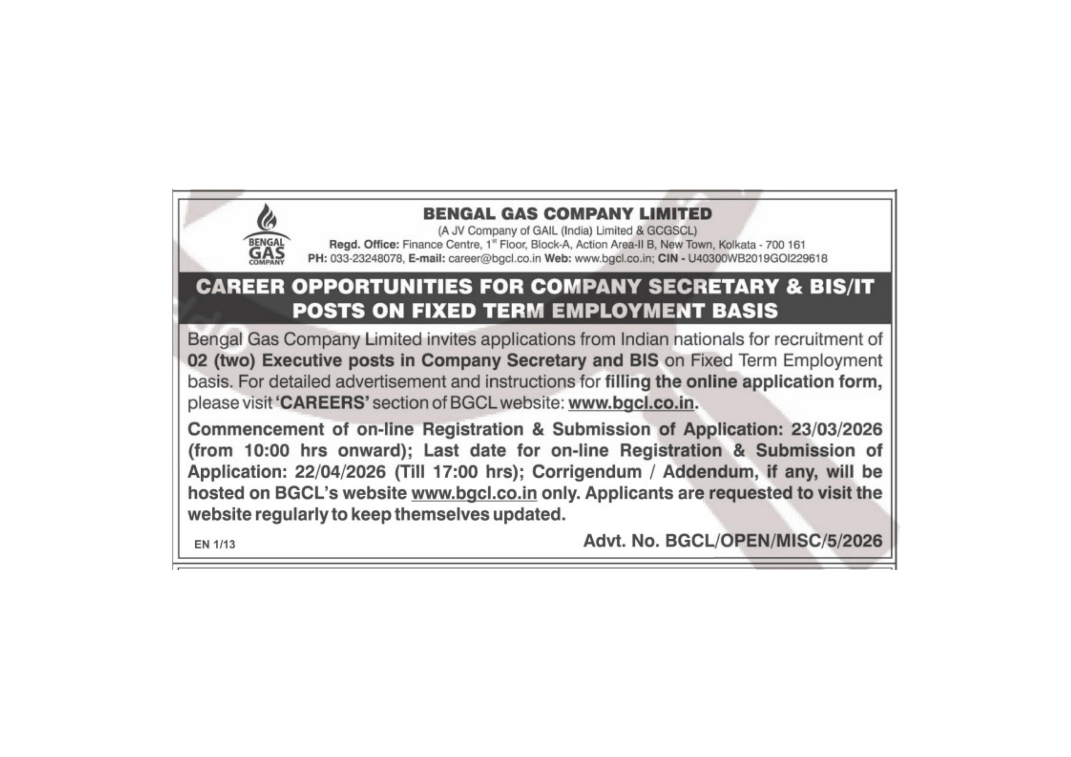 Bengal Gas Company Limited Recruitment 2026 for 2 Company Secretary & BIS Executives – Apply Online @ bgcl.co.in - Page 1