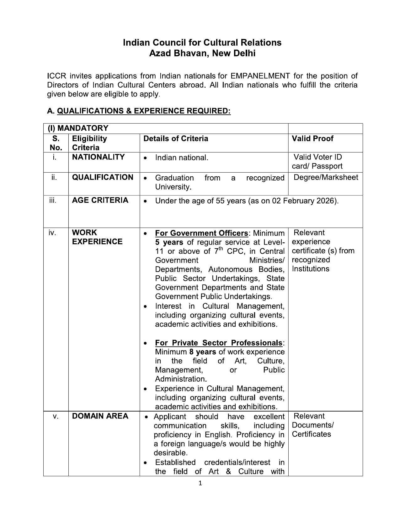 Indian Council for Cultural Relations (ICCR) Directors Posts Official Notification - Page 1