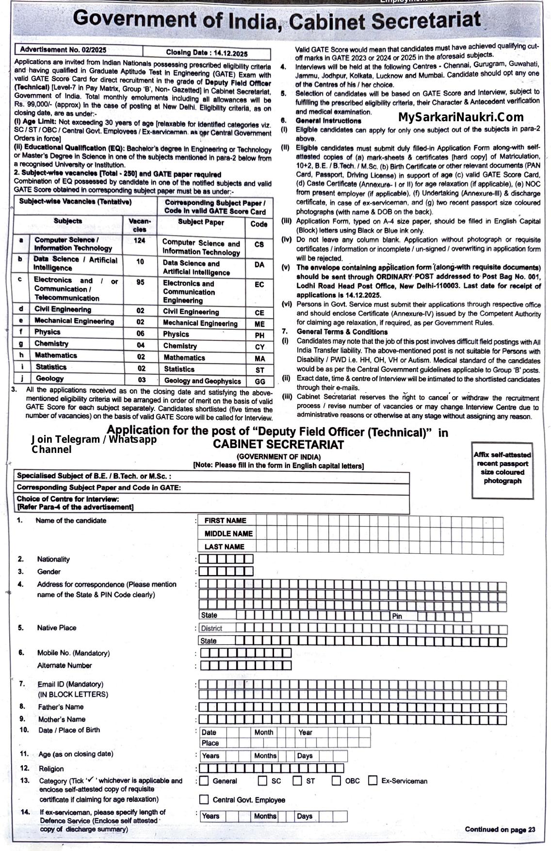 Cabinet Secretariat 250 Deputy Field Officer Recruitment 2025 - Page 1