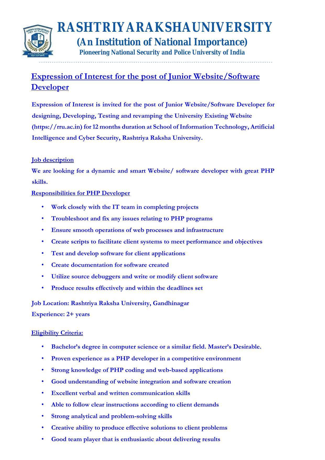 Rashtriya Raksha University Invites Application for Junior Website/ Software Developer Recruitment 2022 - Page 2