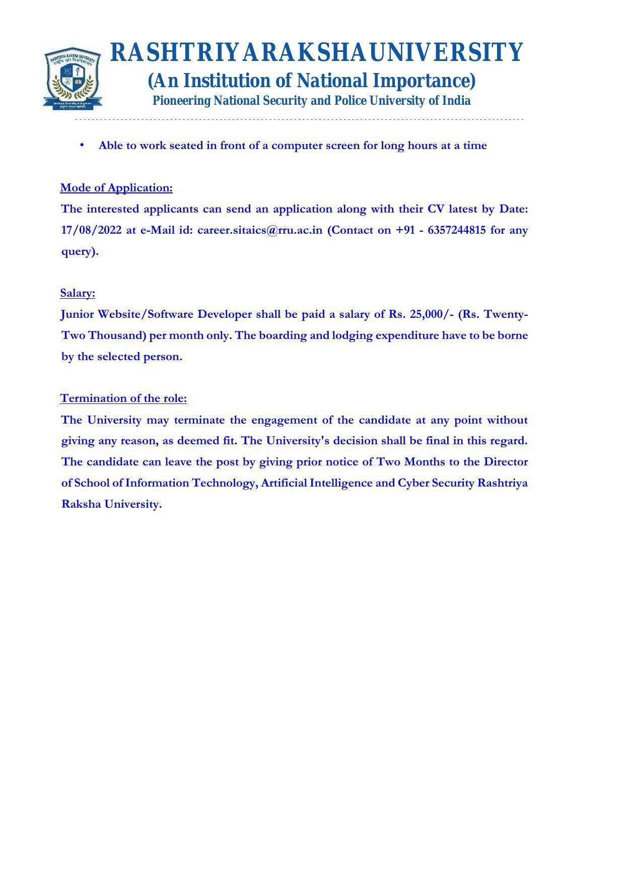 Rashtriya Raksha University Invites Application for Junior Website/ Software Developer Recruitment 2022 - Page 1