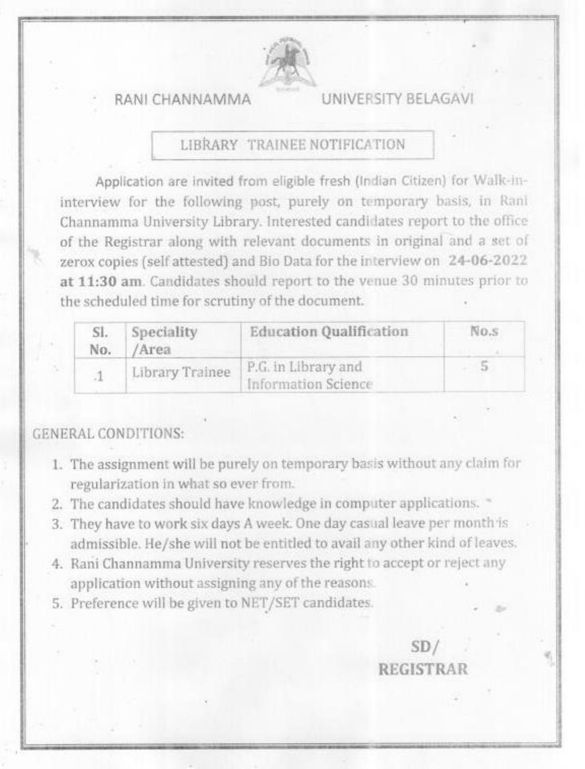 Rani Channamma University Invites Application for Library Trainee Recruitment 2022 - Page 1
