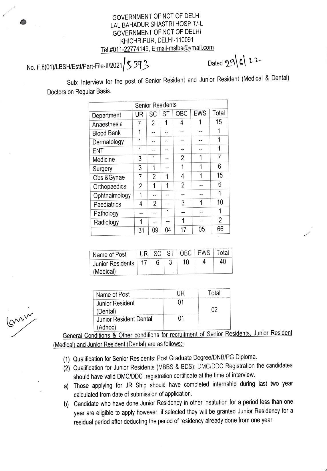 Lal Bahadur Shastri Hospital Invites Application for 108 Senior Resident, Junior Resident Recruitment 2022 - Page 1