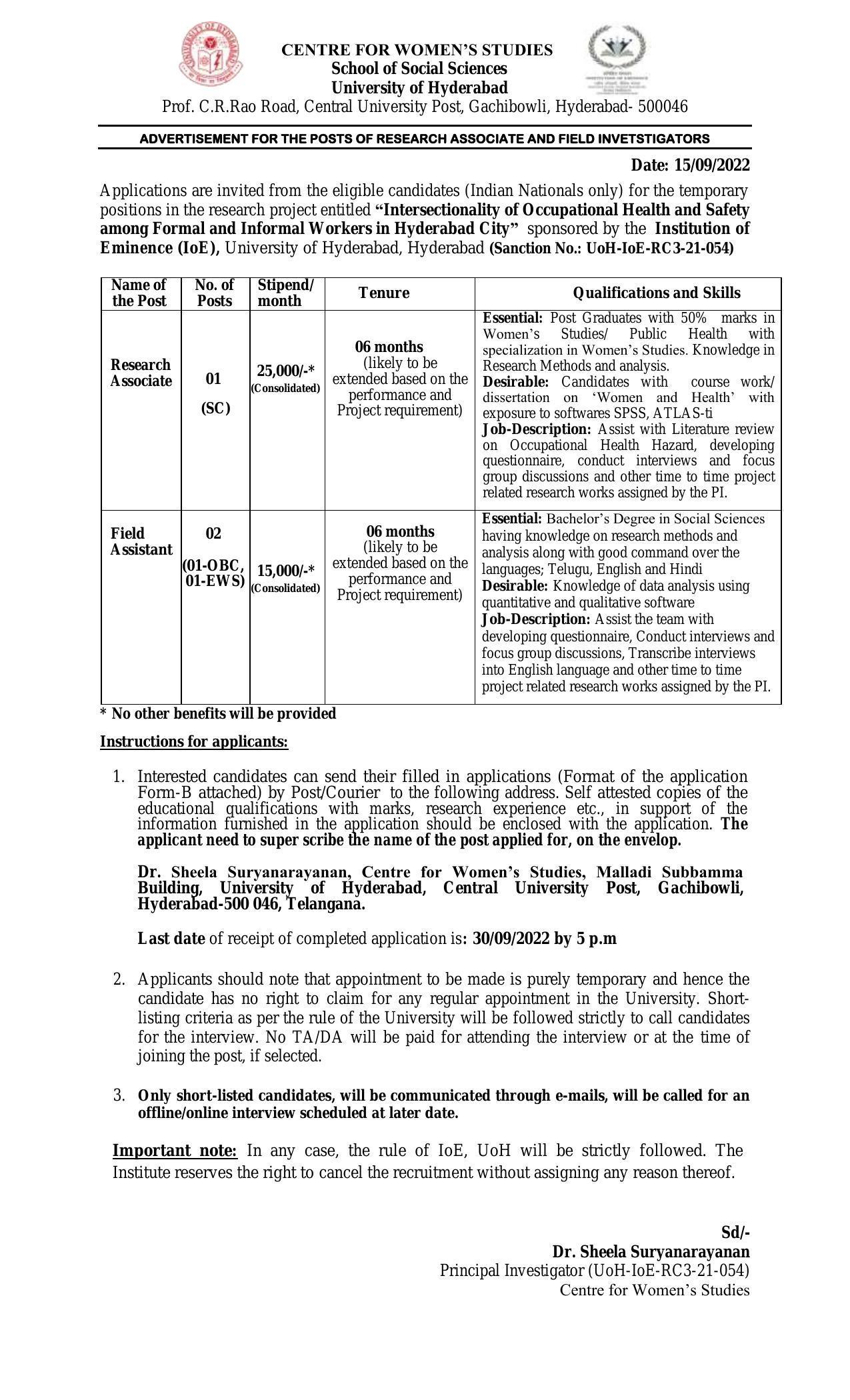 University of Hyderabad (UoH) Invites Application for Research Associate, Field Assistant Recruitment 2022 - Page 3