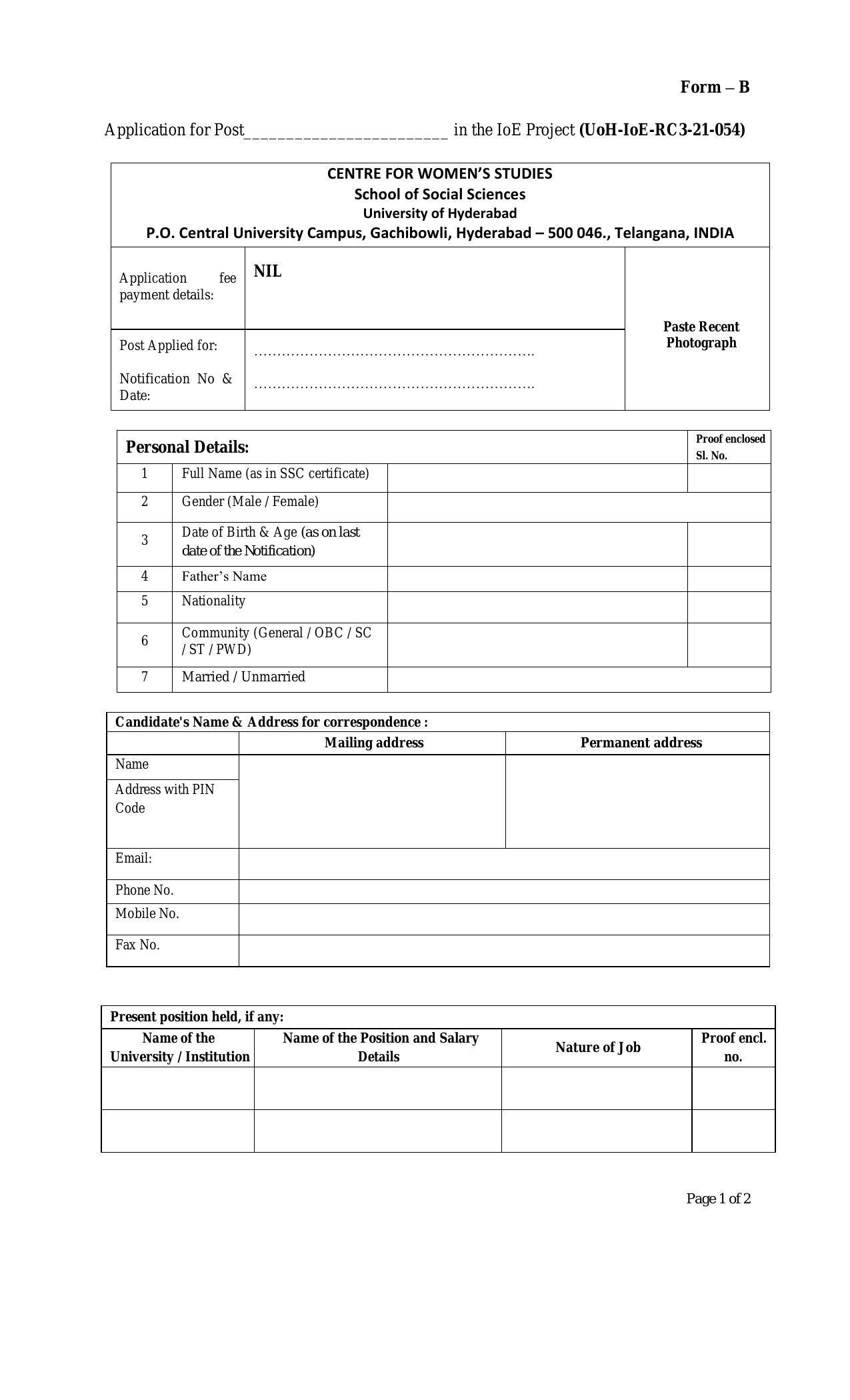 University of Hyderabad (UoH) Invites Application for Research Associate, Field Assistant Recruitment 2022 - Page 1