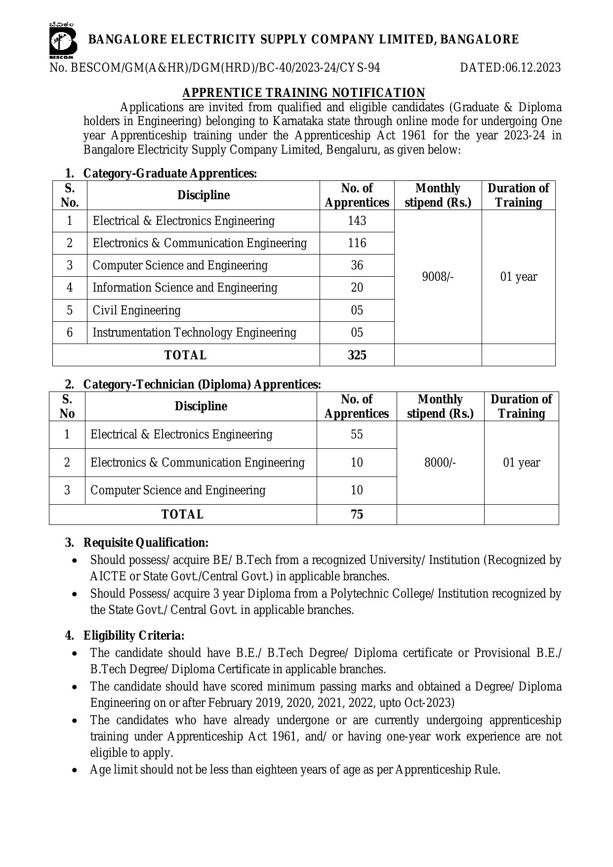 BESCOM Graduate Apprentice, Technician Apprentice Recruitment 2023 - Page 4