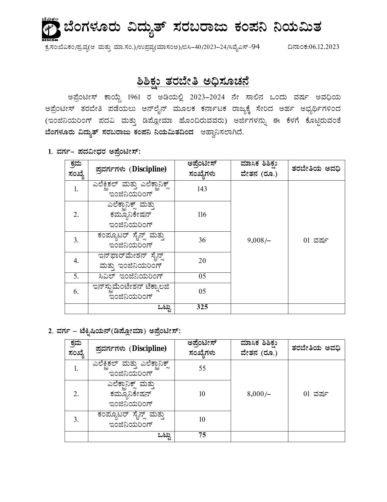 BESCOM Graduate Apprentice, Technician Apprentice Recruitment 2023 - Page 6