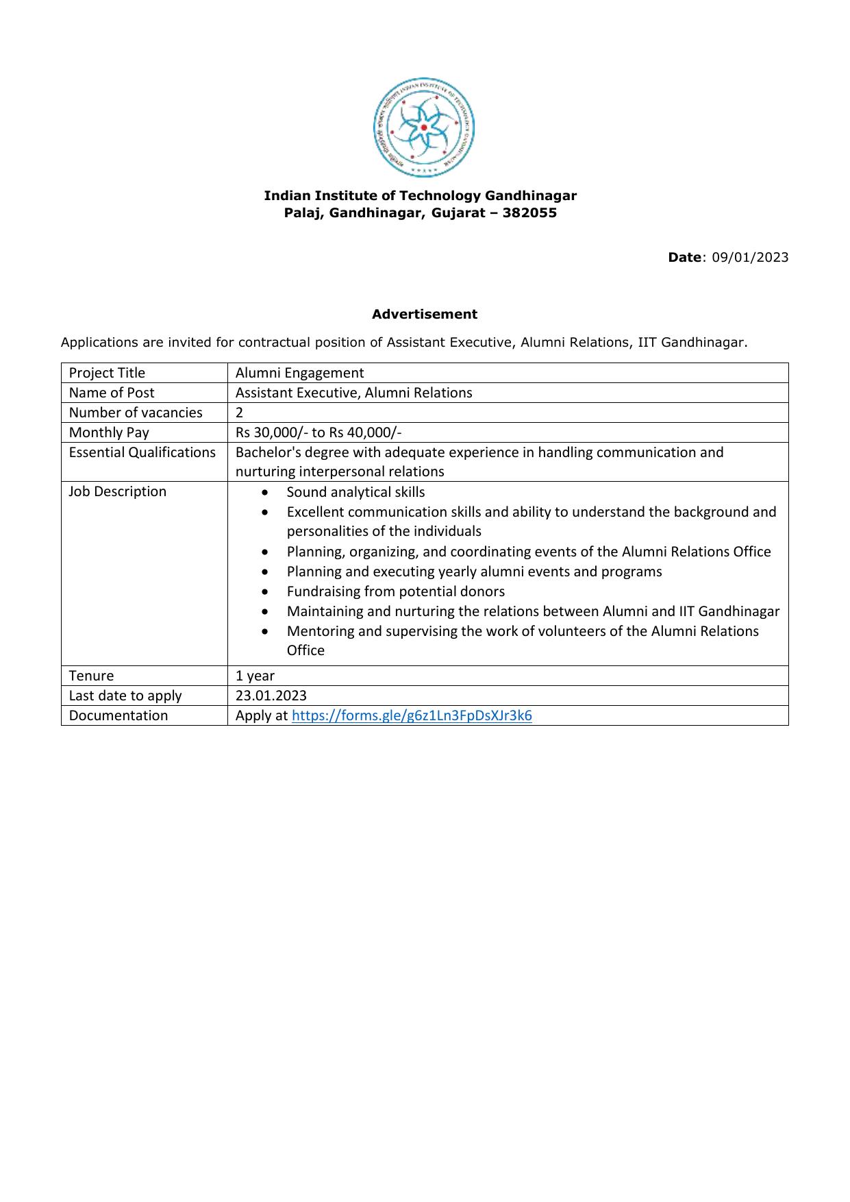 Indian Institute of Technology Gandhinagar Invites Application for Assistant Executive Recruitment 2023 - Page 1