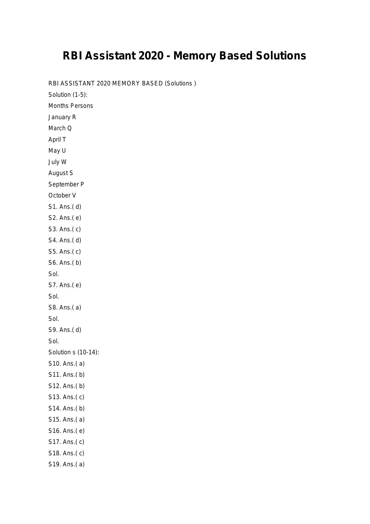 RBI Assistant 2020 - Memory Based Questions Solution Link - Page 1