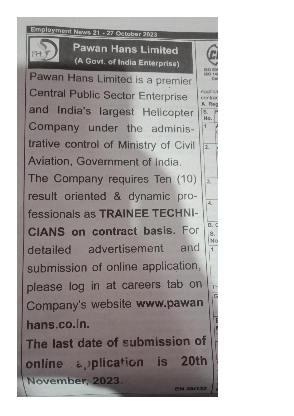 Pawan Hans Ltd Trainee Technician Recruitment 2023 - Page 1