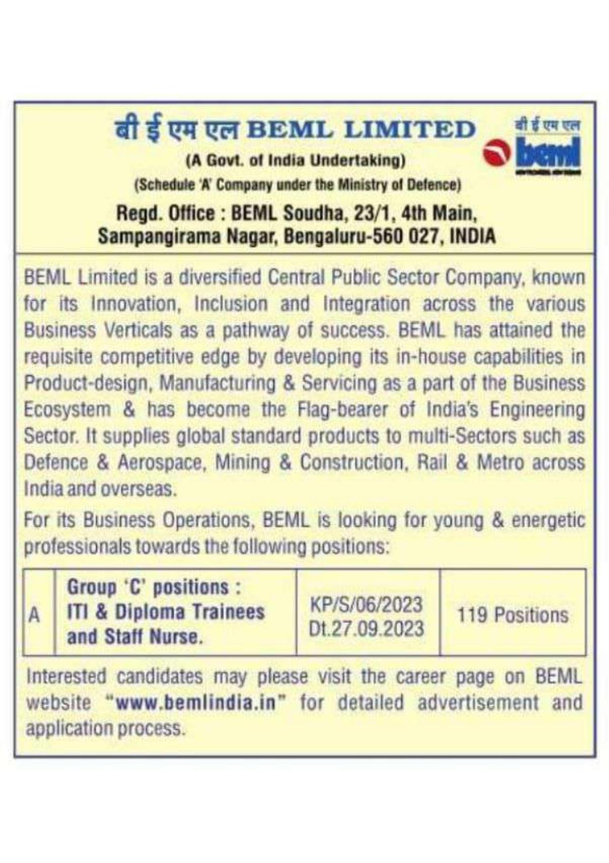 BEML Limited Group C Posts - ITI & Diploma Trainee and Staff Nurse Recruitment 2023 - Page 1