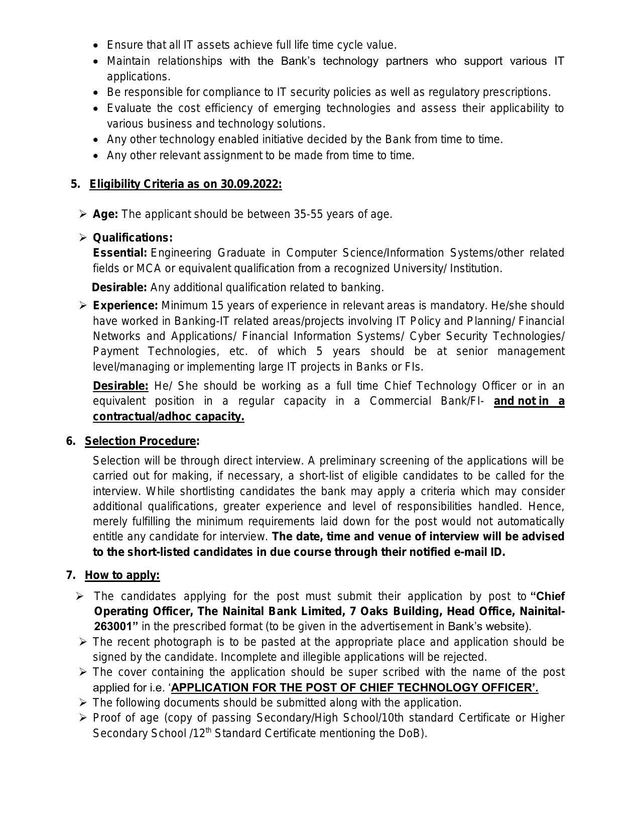 Nainital Bank Invites Application for Chief Technology Officer Recruitment 2022 - Page 1
