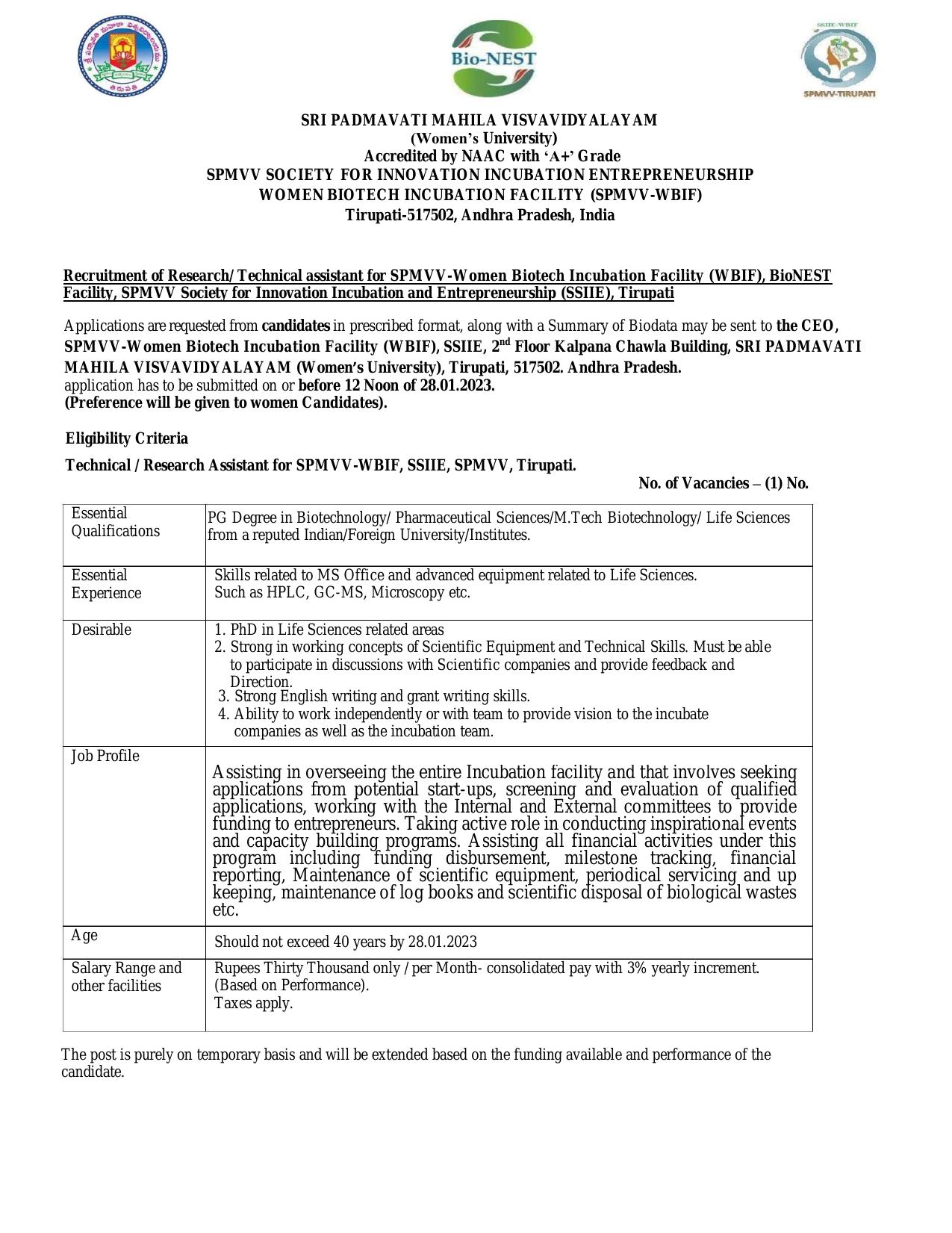 Sri Padmavati Mahila Visvavidyalayam (SPMVV) Invites Application for Technical or Research Assistant Recruitment 2023 - Page 3
