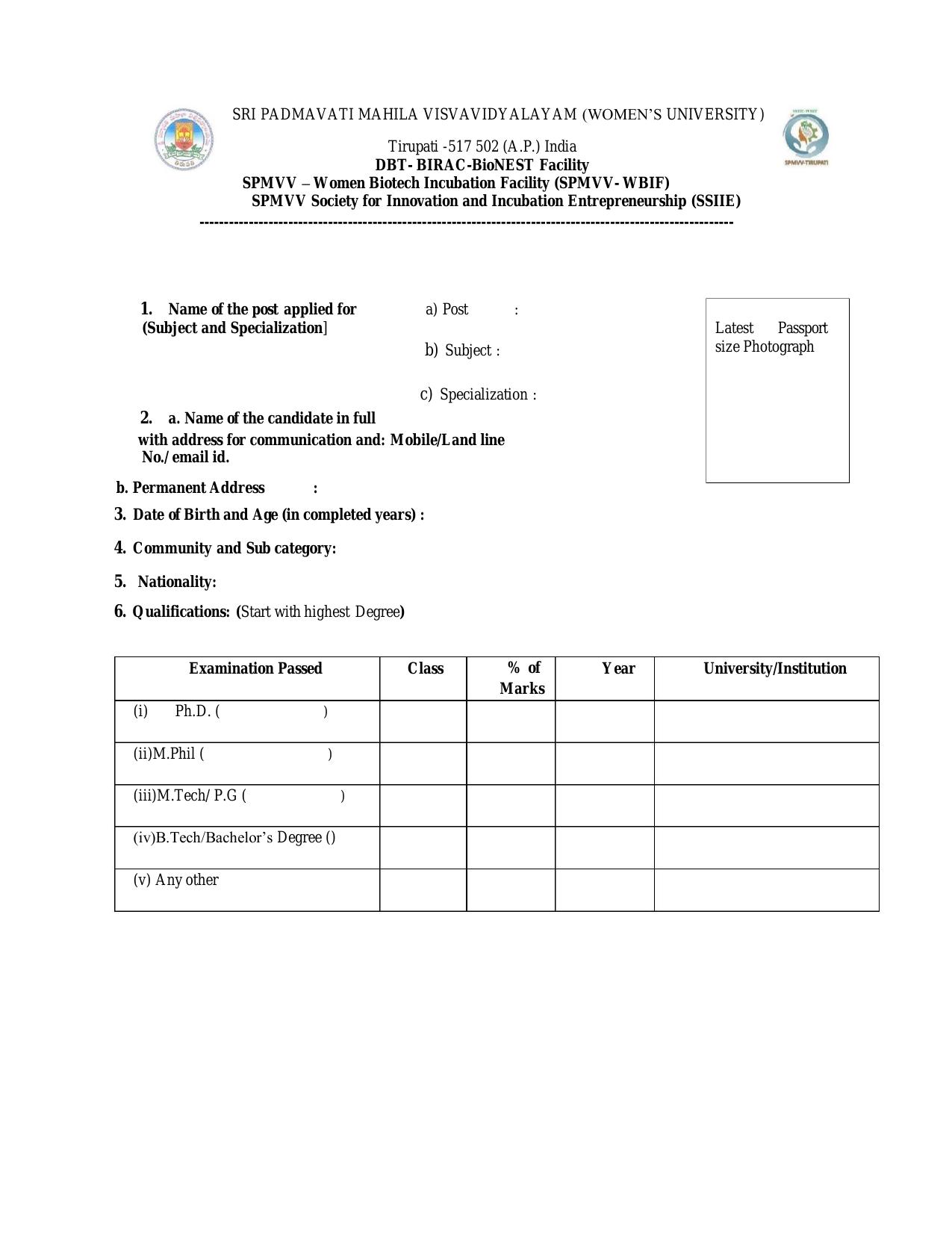 Sri Padmavati Mahila Visvavidyalayam (SPMVV) Invites Application for Technical or Research Assistant Recruitment 2023 - Page 1