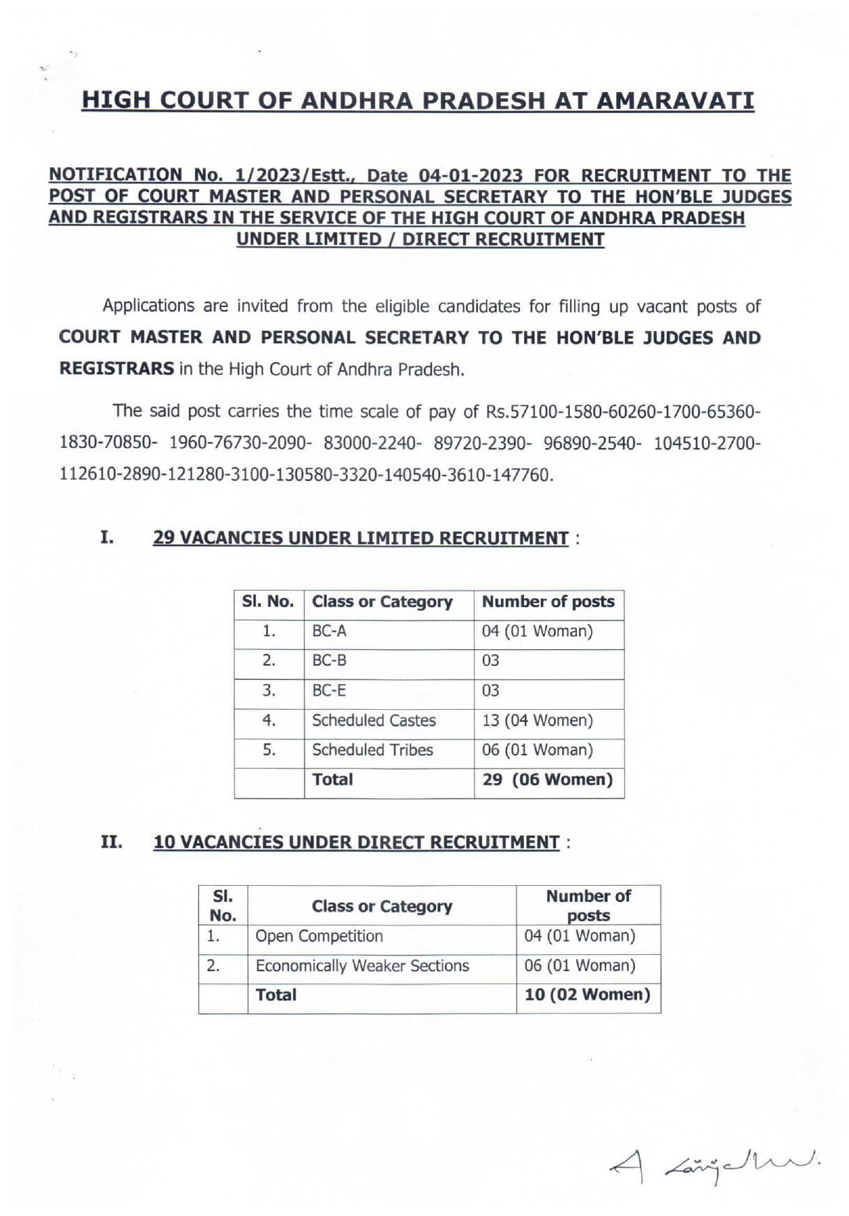 High Court of Andhra Pradesh Invites Application for 39 Court Master, Personal Secretary Recruitment 2023 - Page 1