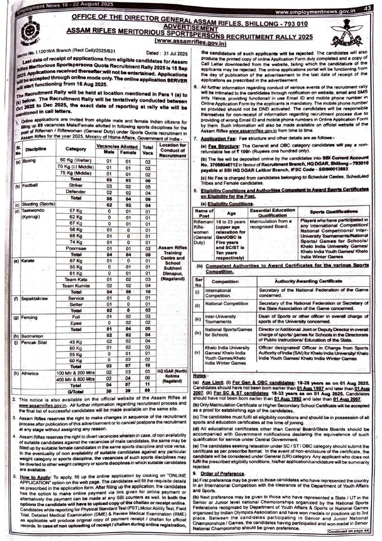 Assam Rifles Rifleman/Riflewomen (General Duty) Recruitment 2025 - Page 1