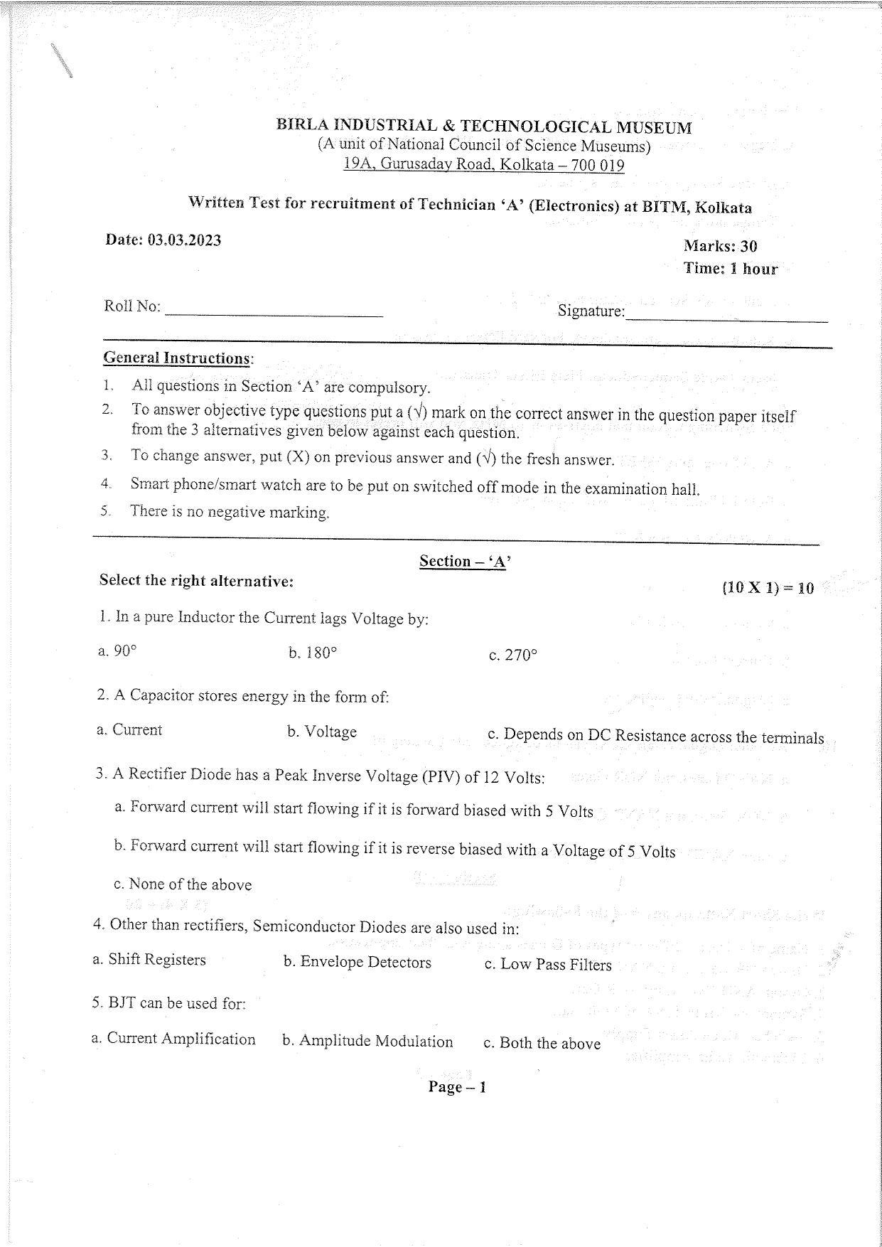 Question Paper of Technician ‘A’ (Electronics) (Advertisement No. 4/2022) - Page 1